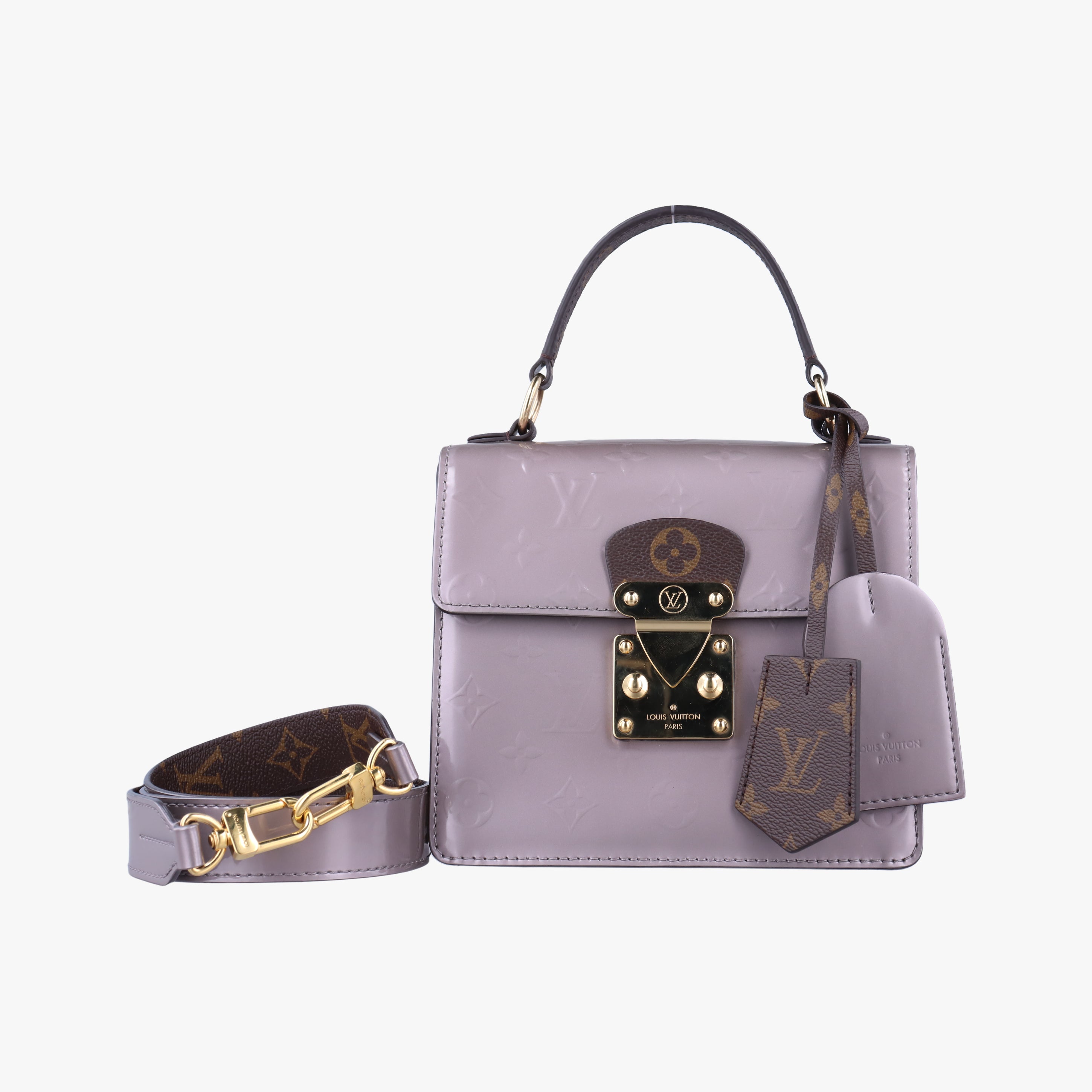 Secondhand Louis Vuitton Spring Street PM Brown x Taupe Vernis x Monogram Canvas M90567 shoulderbag | stylenewstar