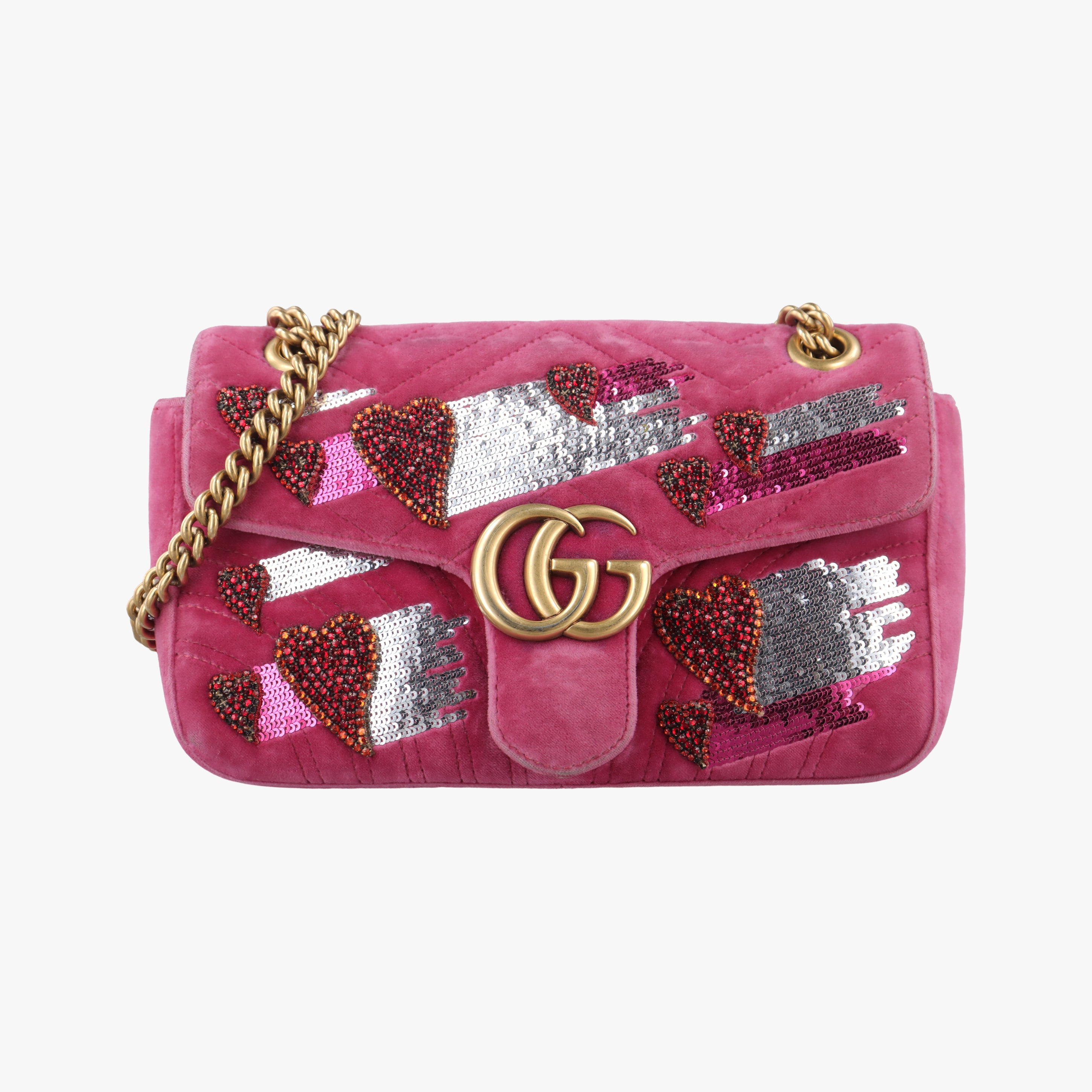 Pre-owned Gucci GG Marmont Rose Velour×Sequins 443497 shoulderbag | stylenewstar
