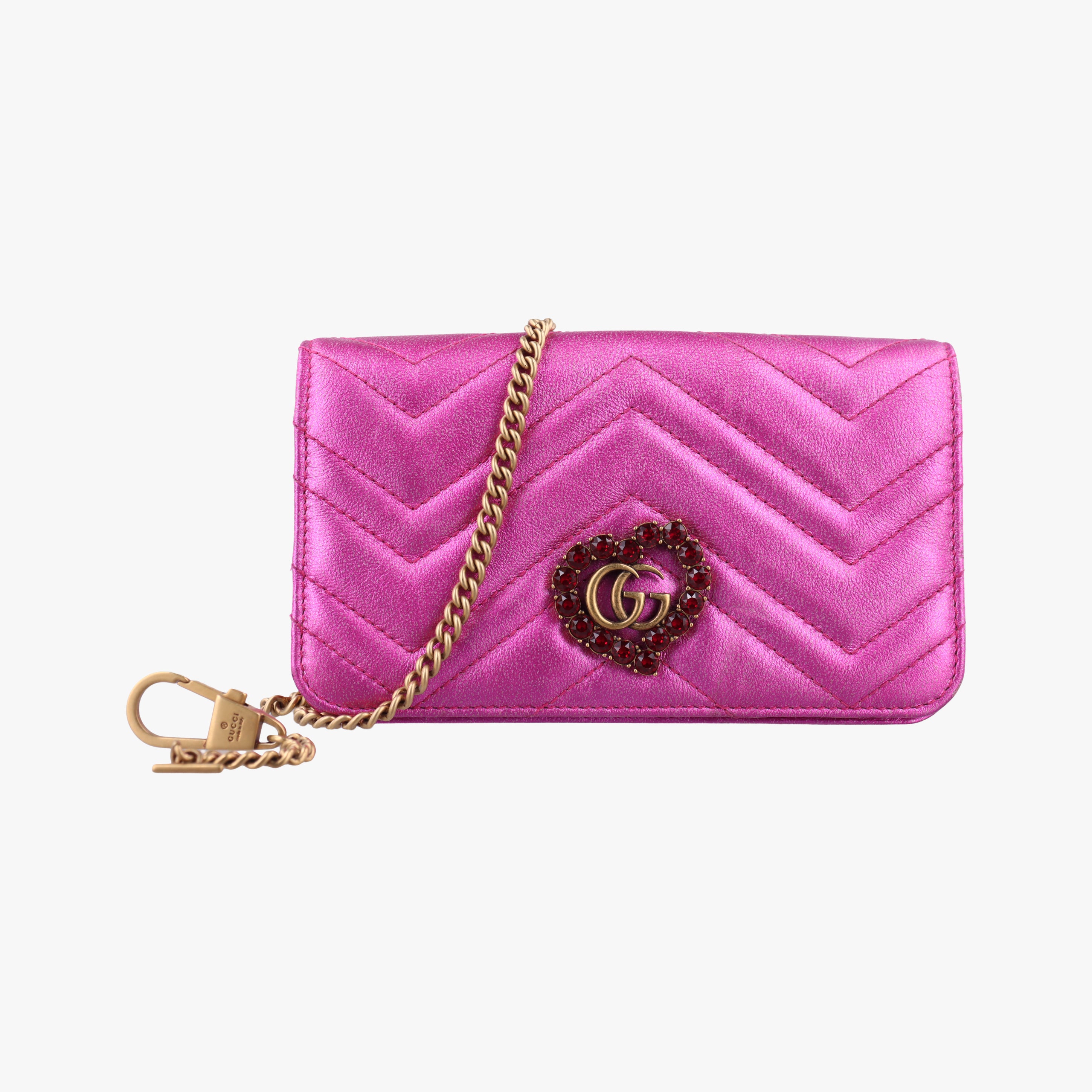 Pre-owned Gucci Pochette Heart crystal GG Marmont Pink Leather 549880 shoulderbag | stylenewstar