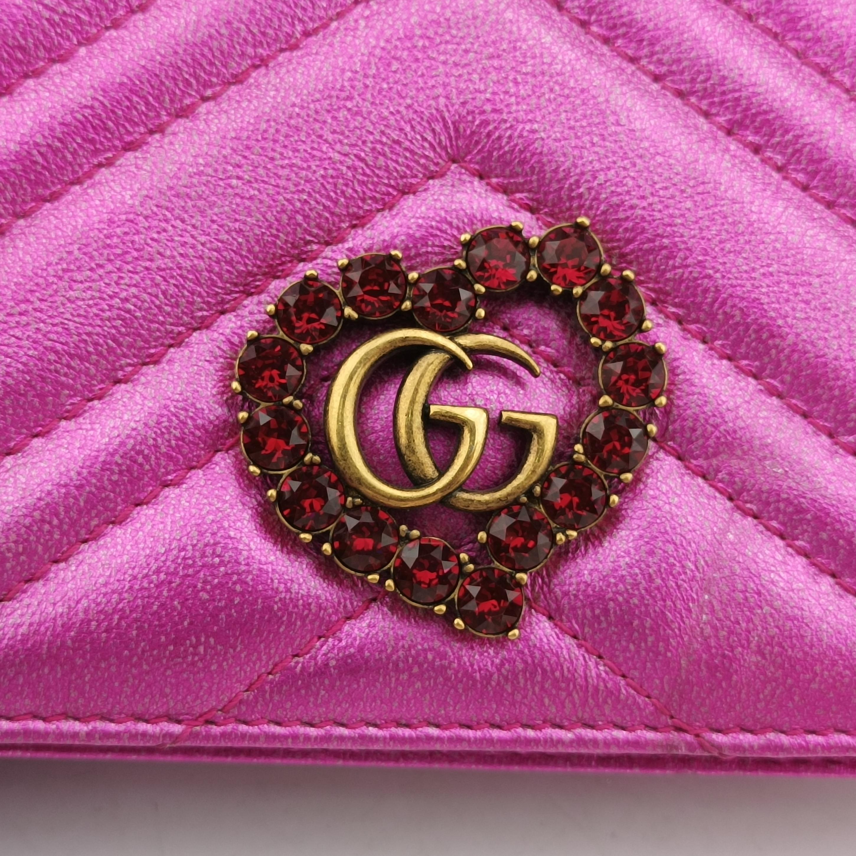 Pre-owned Gucci Pochette Heart crystal GG Marmont Pink Leather 549880 shoulderbag | stylenewstar