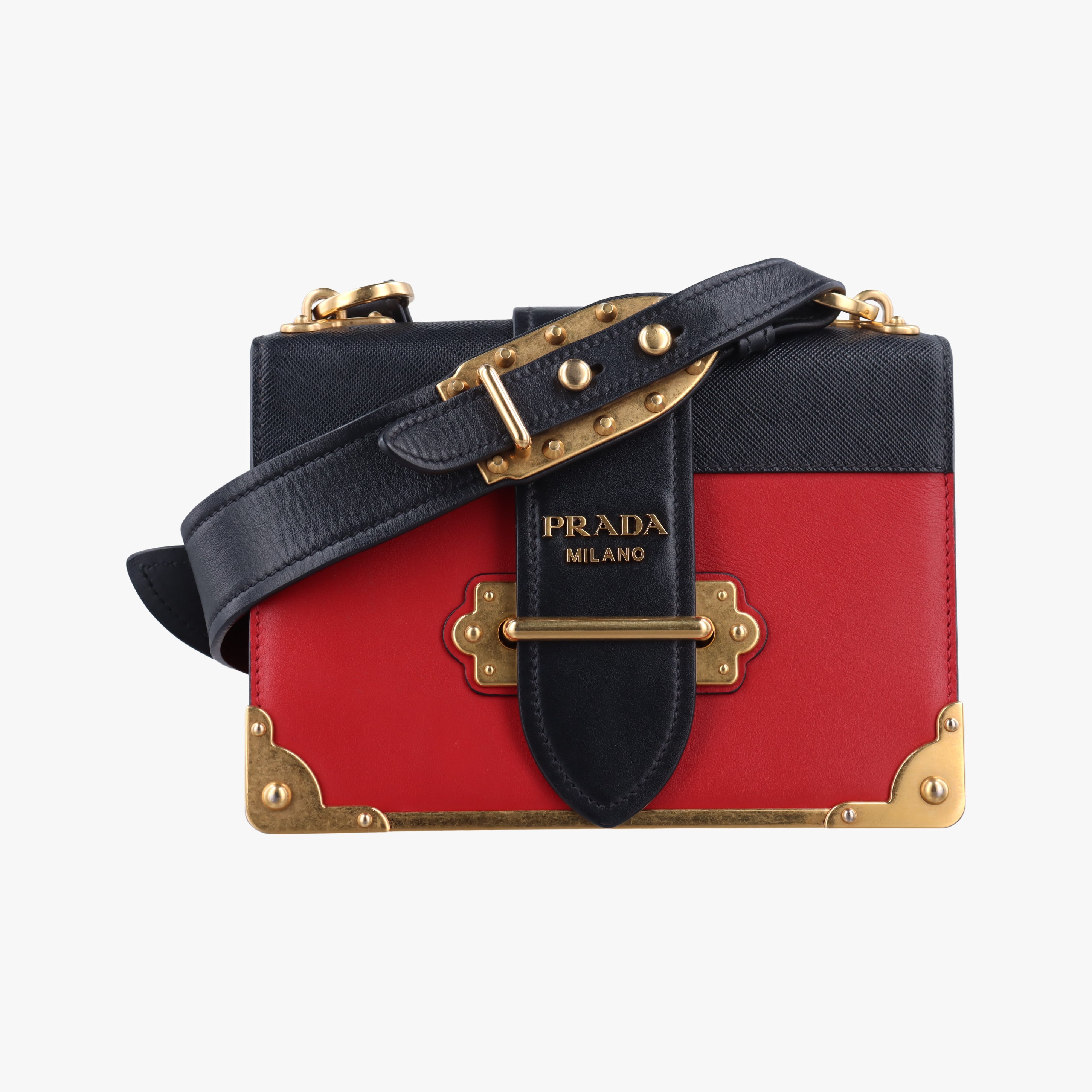 Pre-owned Prada Cahier Red×Black Leather 1BD045 shoulderbag | stylenewstar