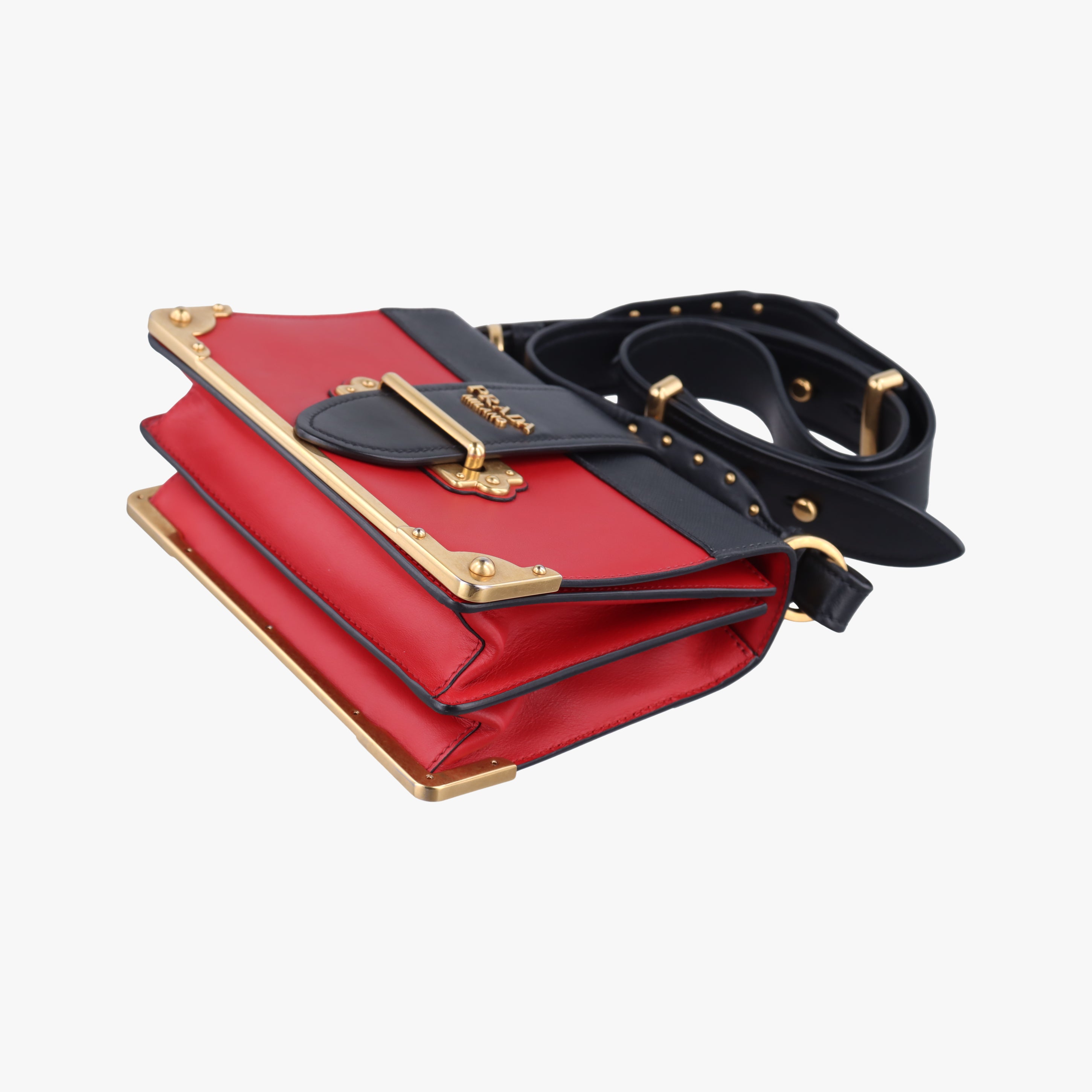 Pre-owned Prada Cahier Red×Black Leather 1BD045 shoulderbag | stylenewstar