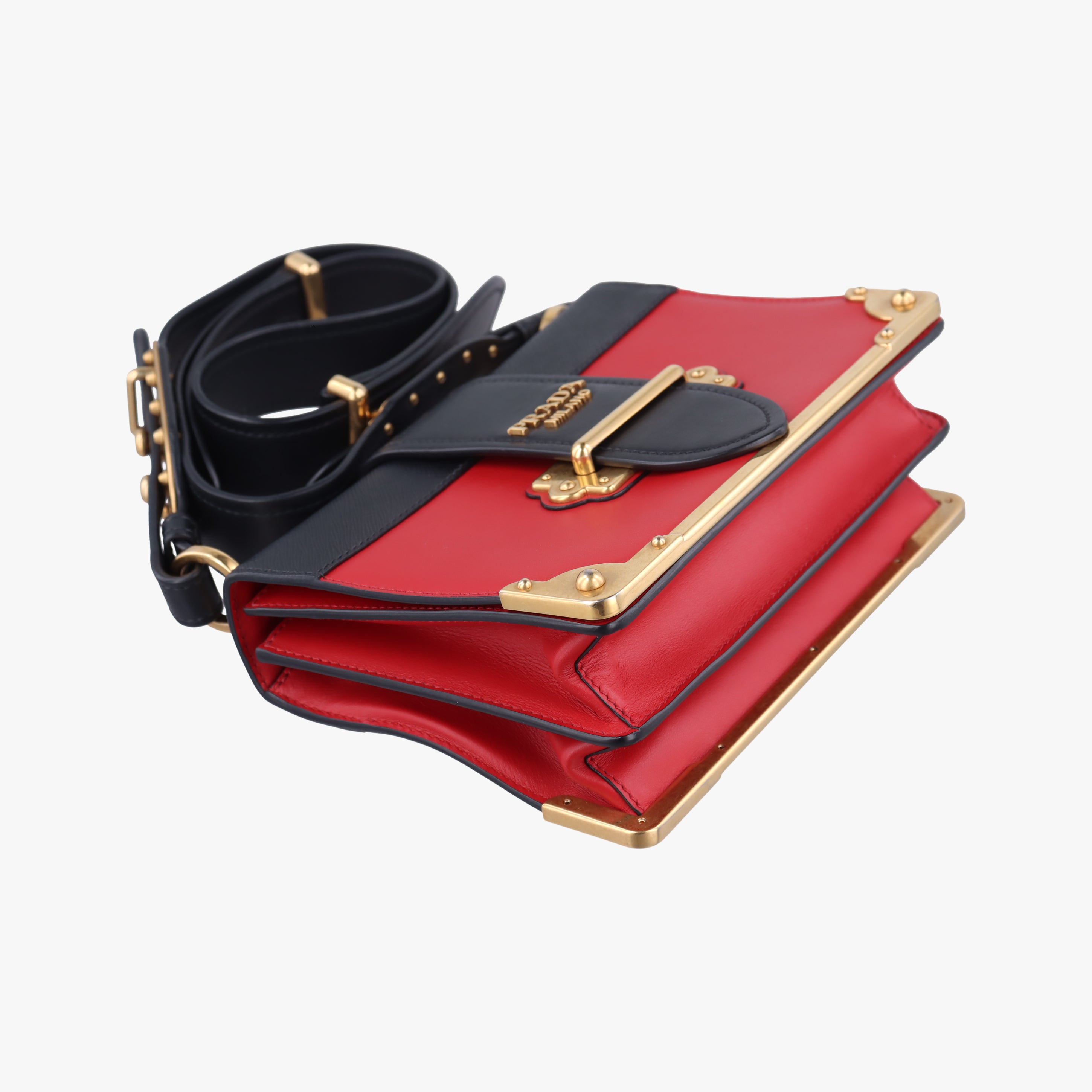 Pre-owned Prada Cahier Red×Black Leather 1BD045 shoulderbag | stylenewstar