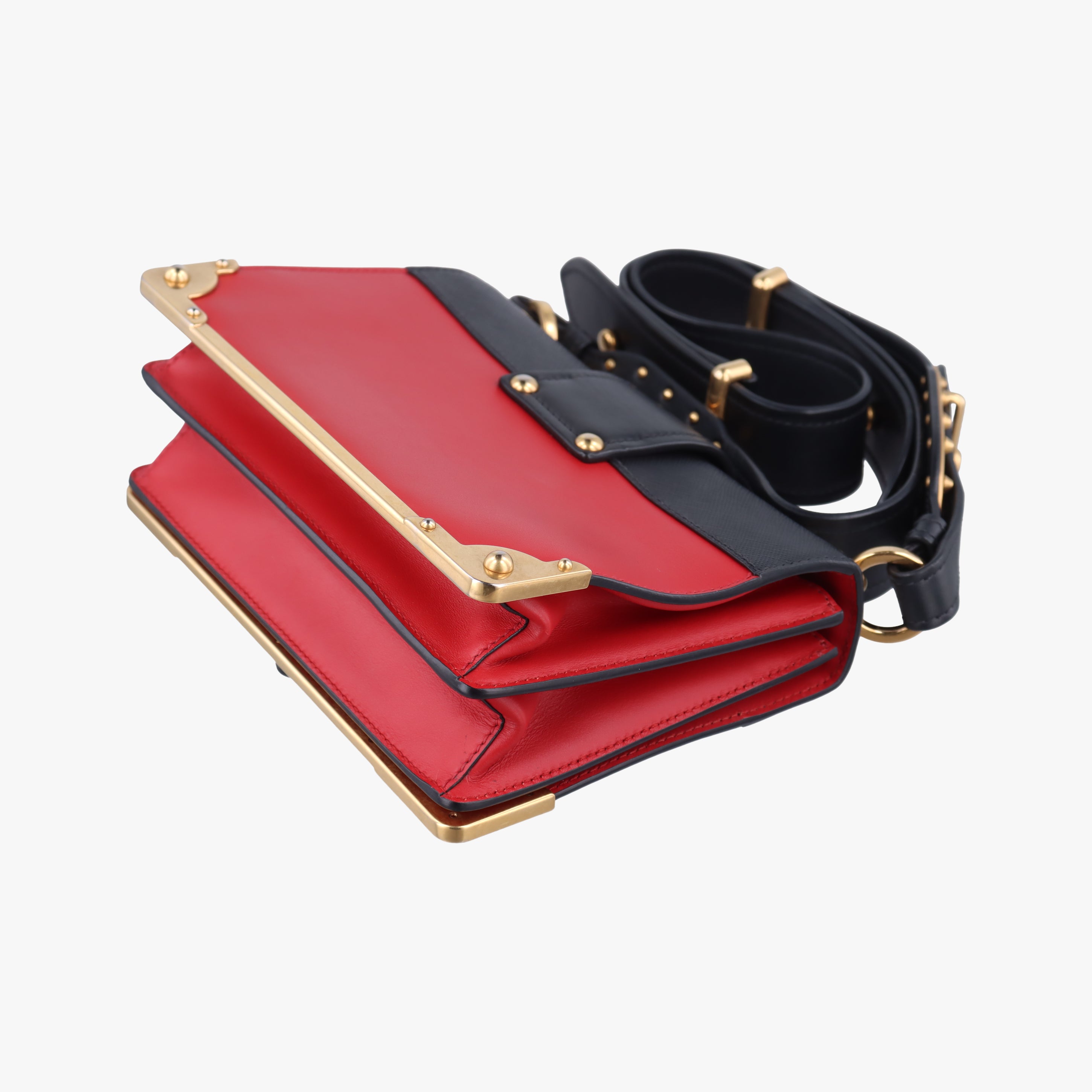 Pre-owned Prada Cahier Red×Black Leather 1BD045 shoulderbag | stylenewstar