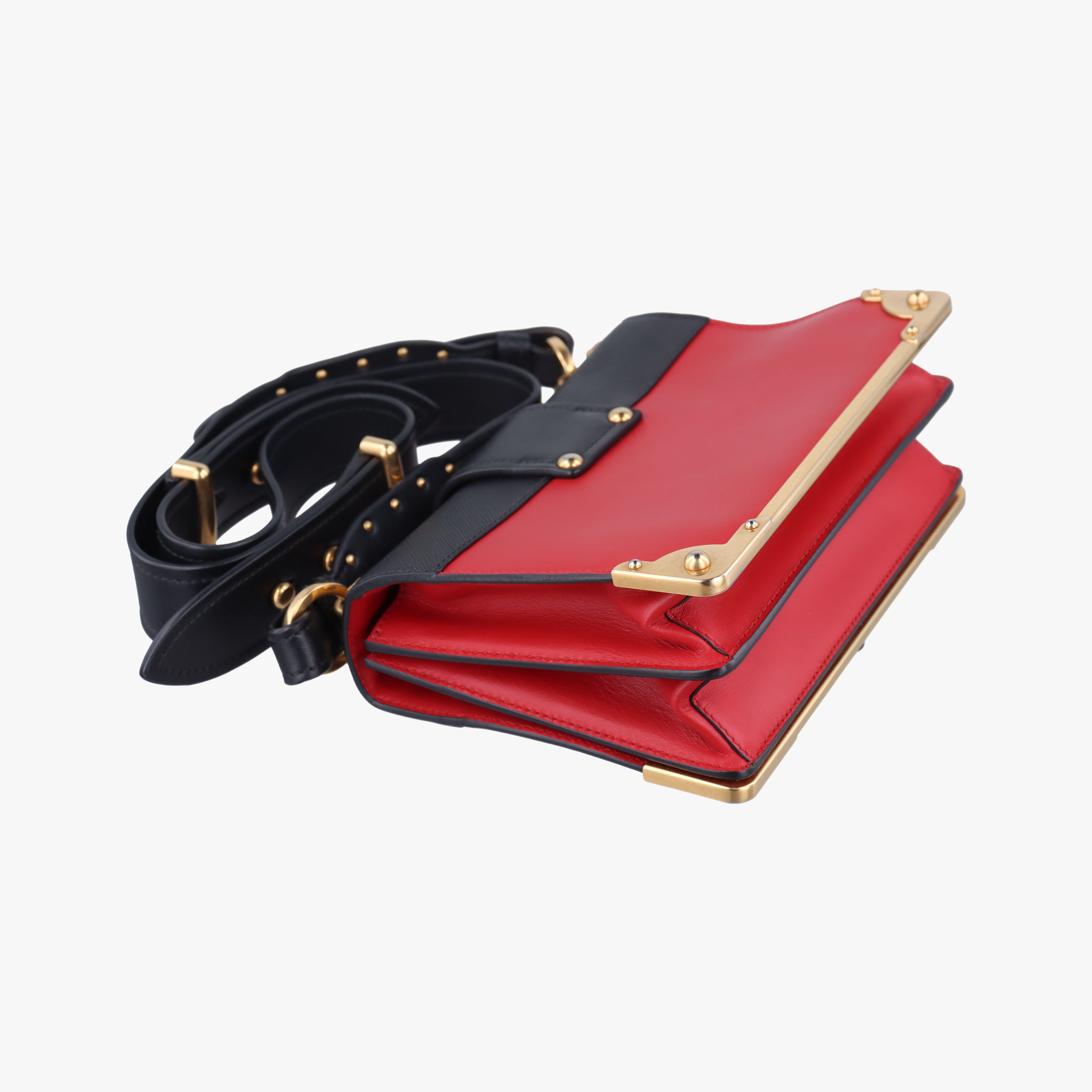 Pre-owned Prada Cahier Red×Black Leather 1BD045 shoulderbag | stylenewstar