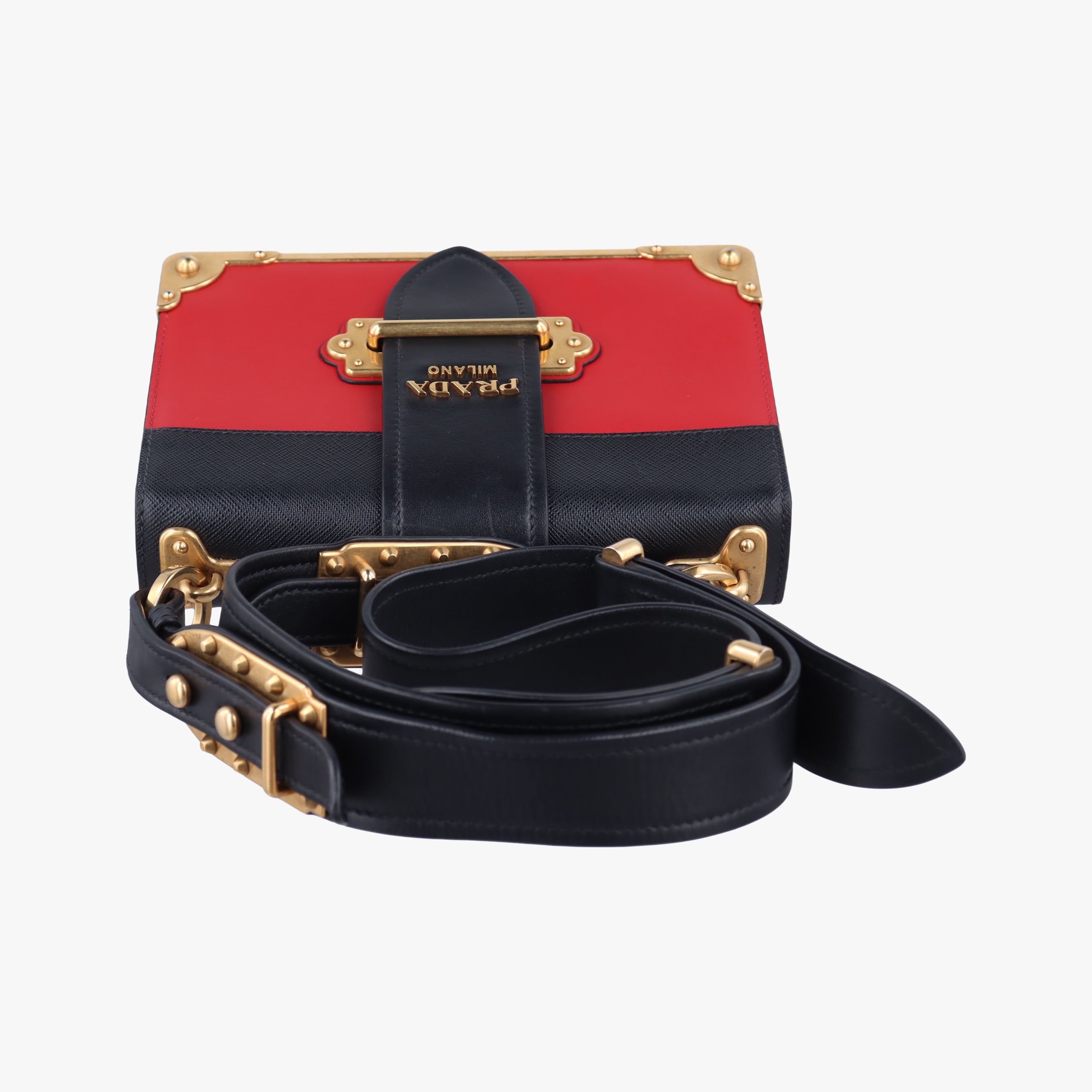 Pre-owned Prada Cahier Red×Black Leather 1BD045 shoulderbag | stylenewstar