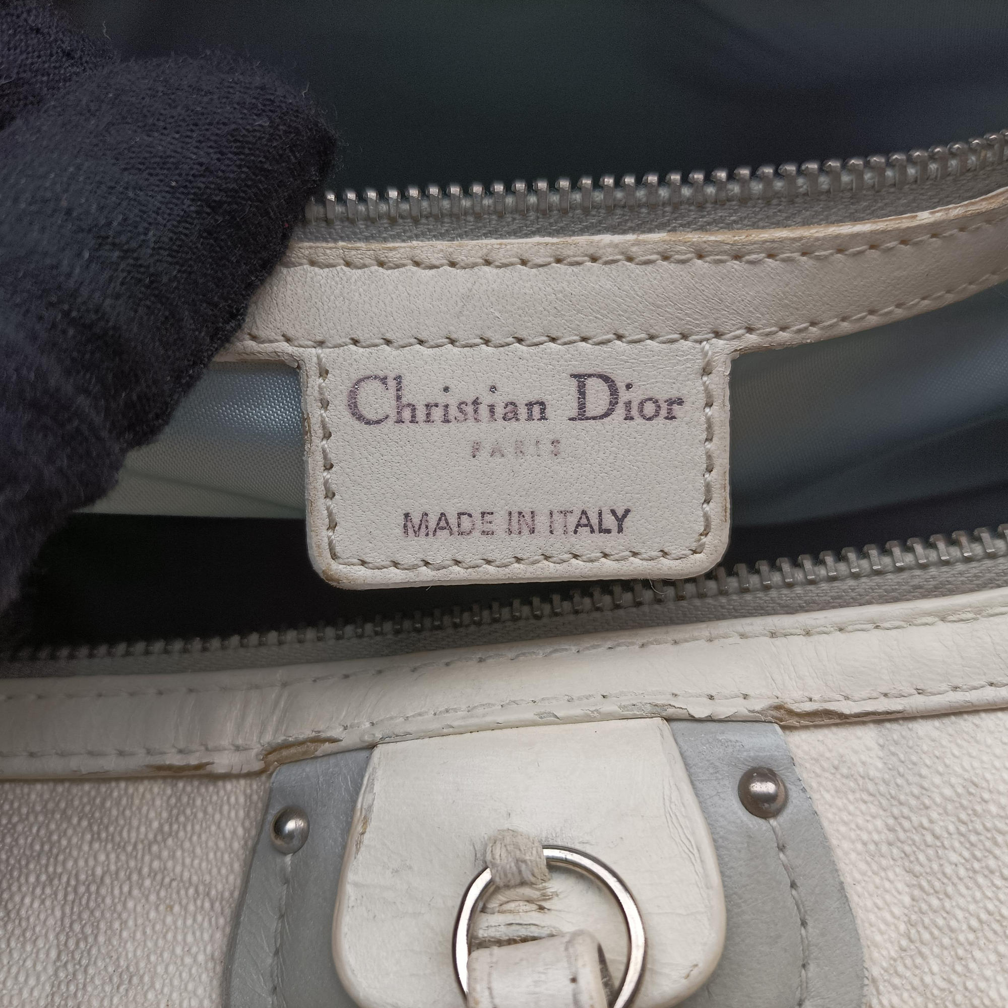 Pre-owned Christian Dior Romantic Trotter White×Grey pvc coated canvas×Leather  shoulderbag | stylenewstar