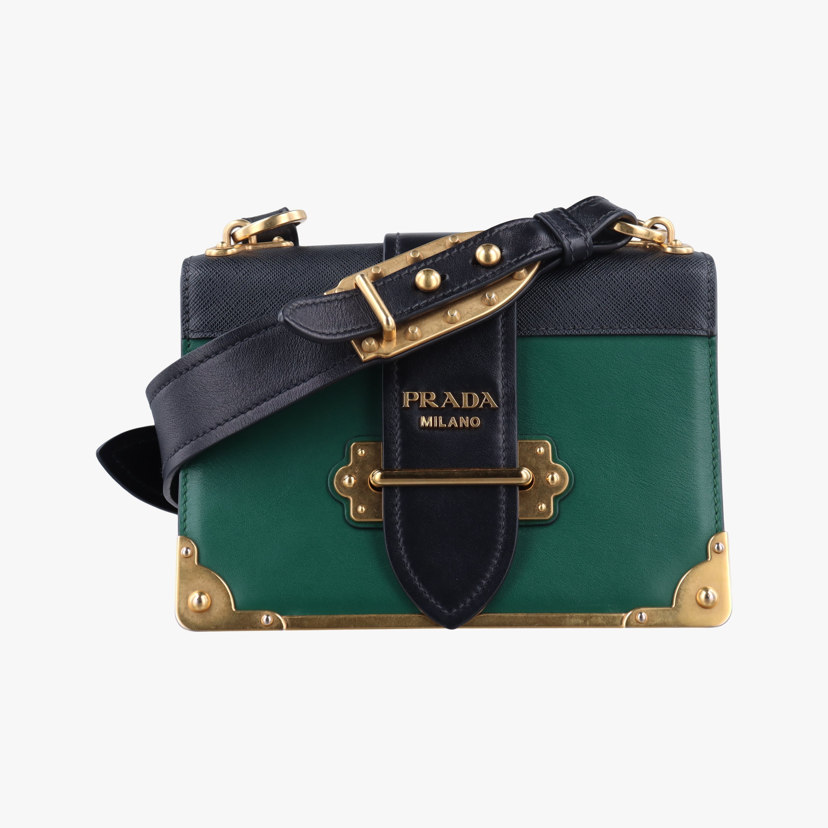 Pre-owned Prada Cahier Green×black Leather 1BD045 shoulderbag | stylenewstar