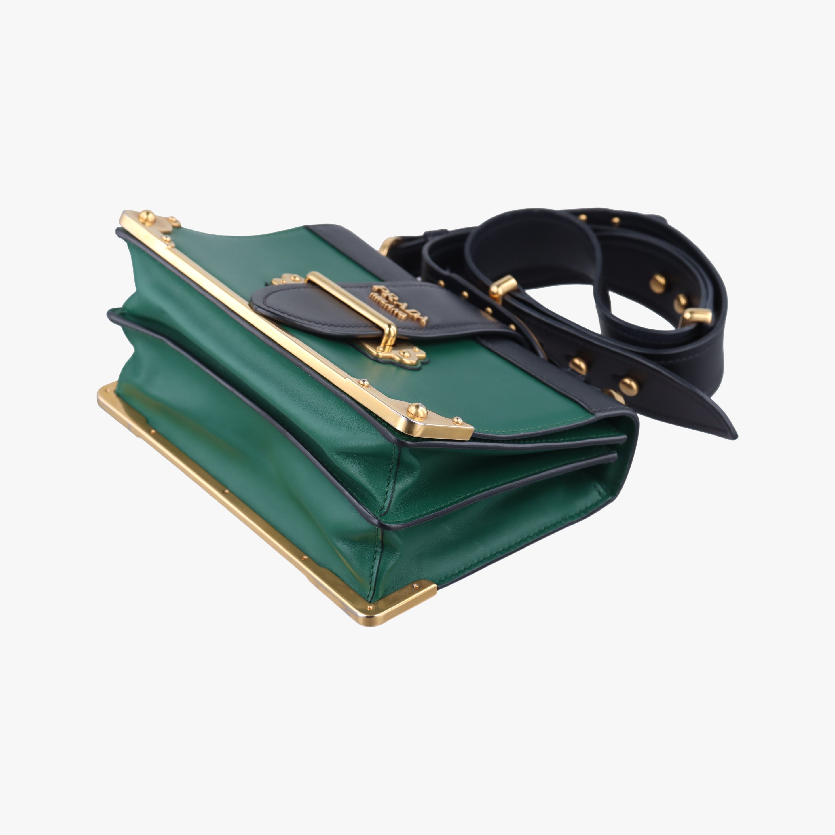 Pre-owned Prada Cahier Green×black Leather 1BD045 shoulderbag | stylenewstar