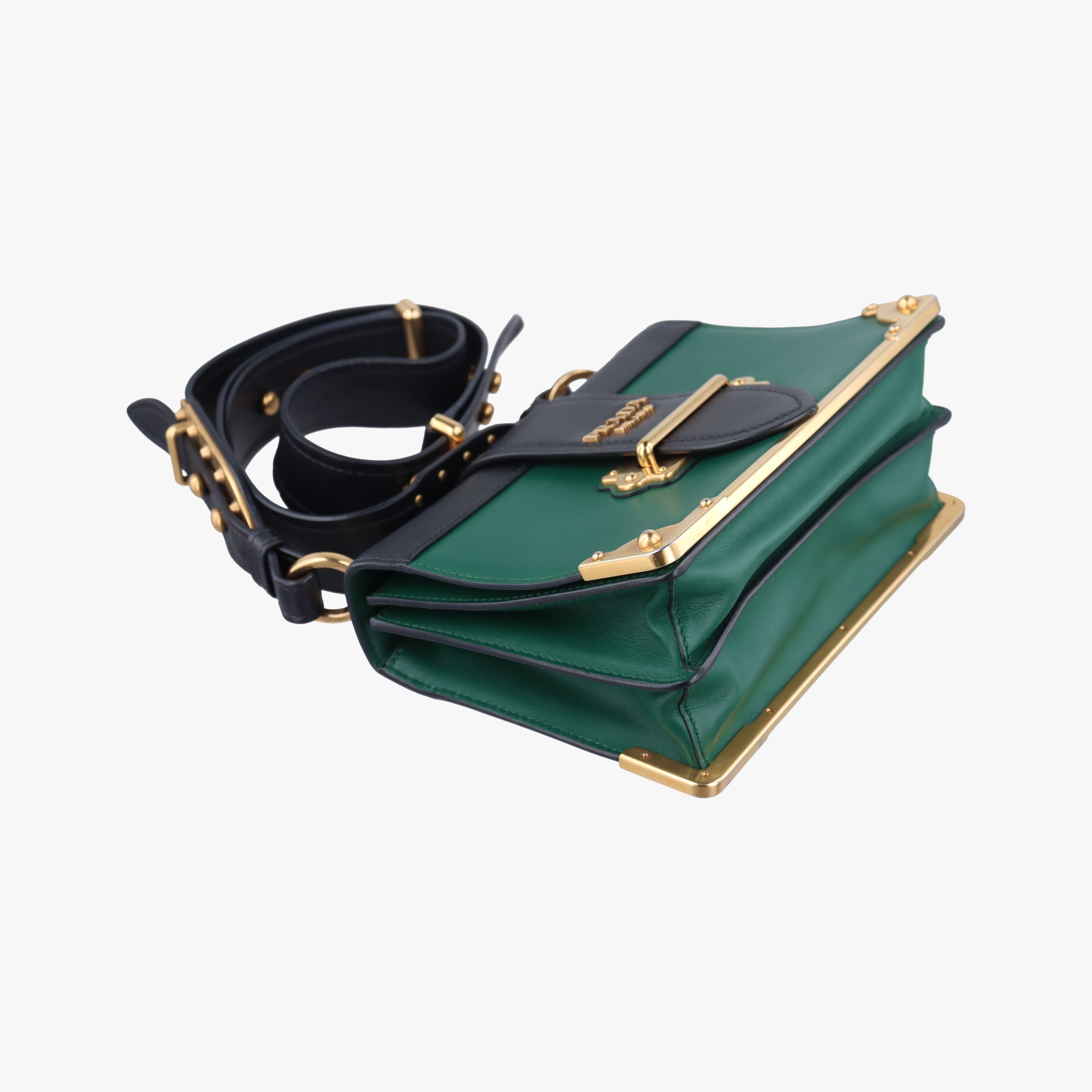 Pre-owned Prada Cahier Green×black Leather 1BD045 shoulderbag | stylenewstar
