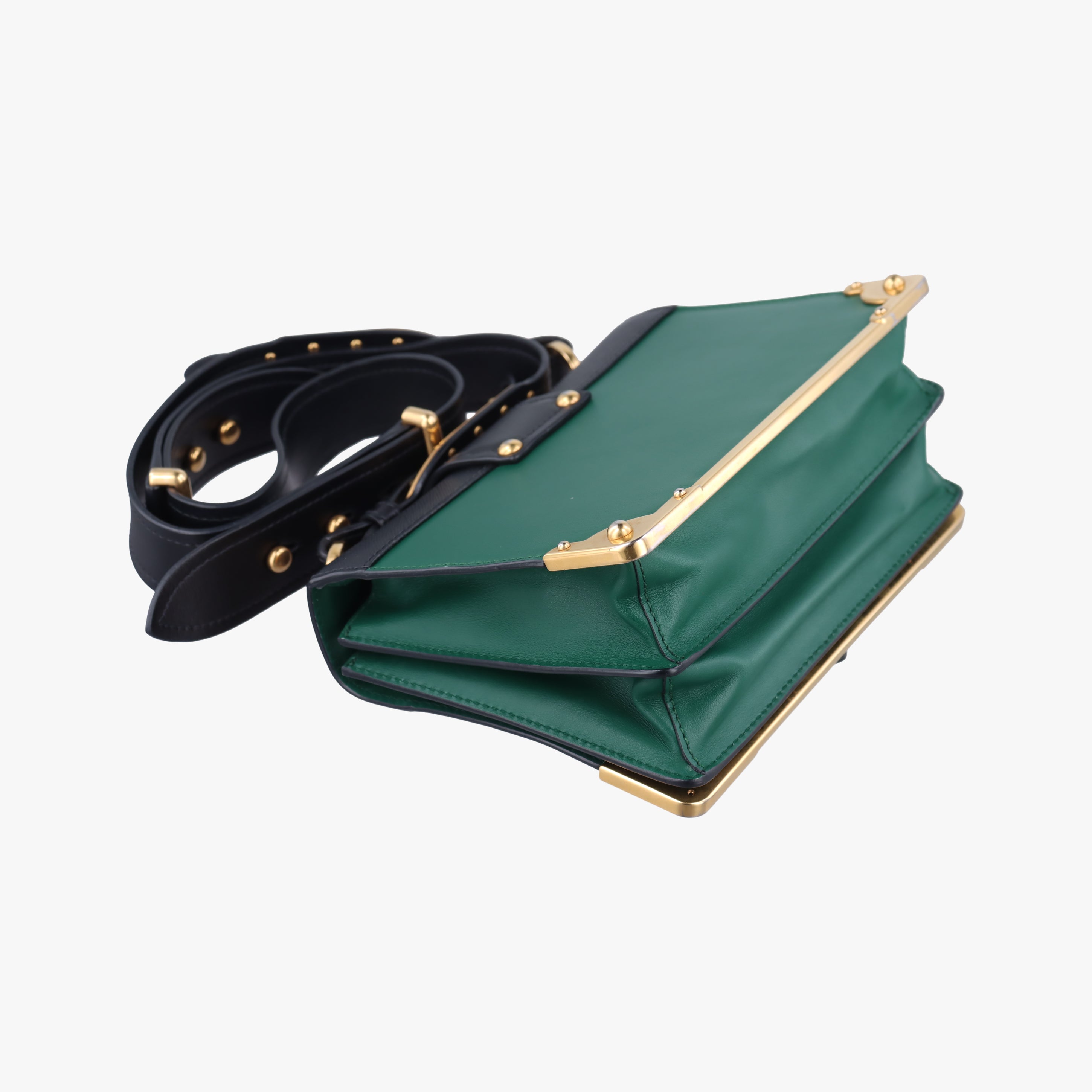 Pre-owned Prada Cahier Green×black Leather 1BD045 shoulderbag | stylenewstar