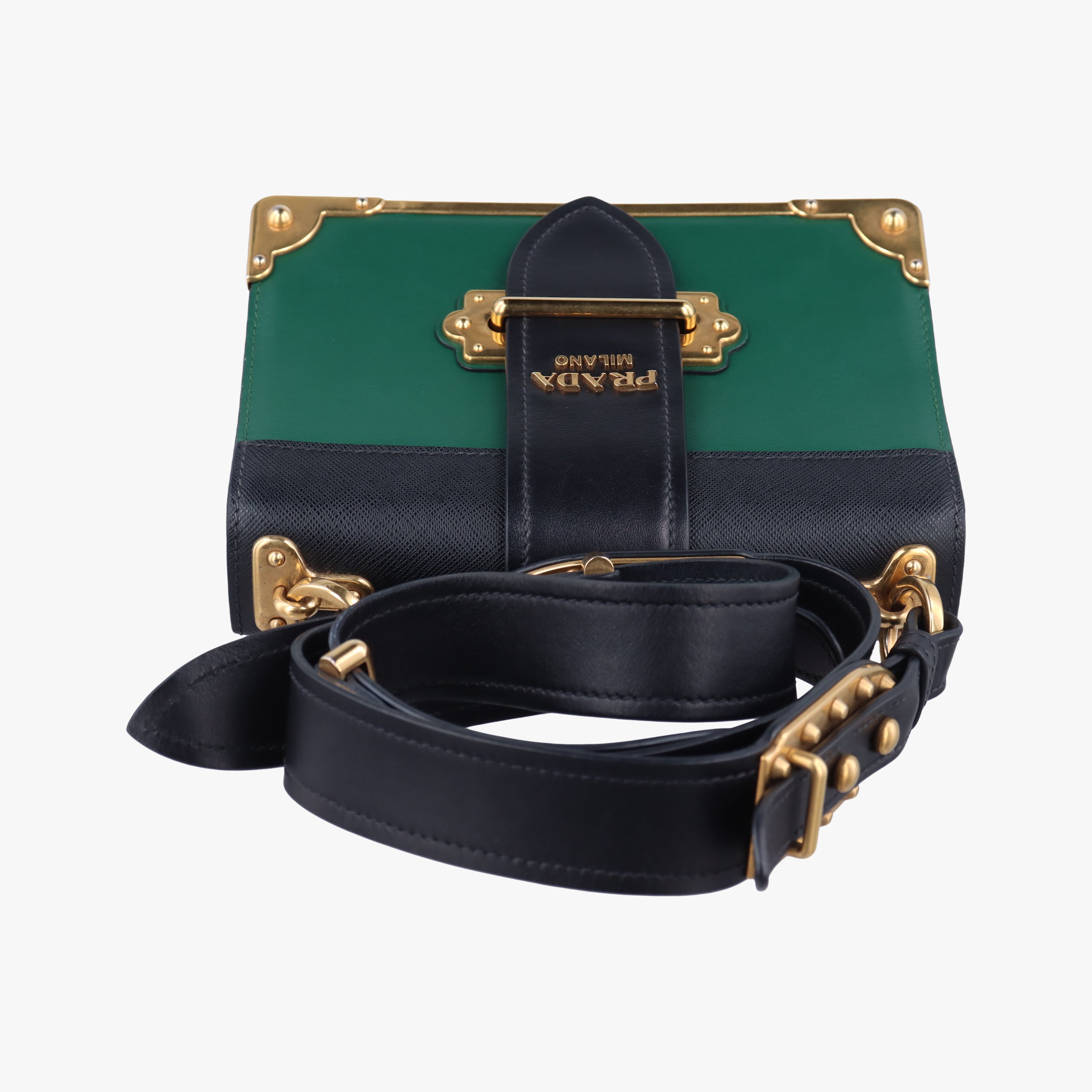 Pre-owned Prada Cahier Green×black Leather 1BD045 shoulderbag | stylenewstar