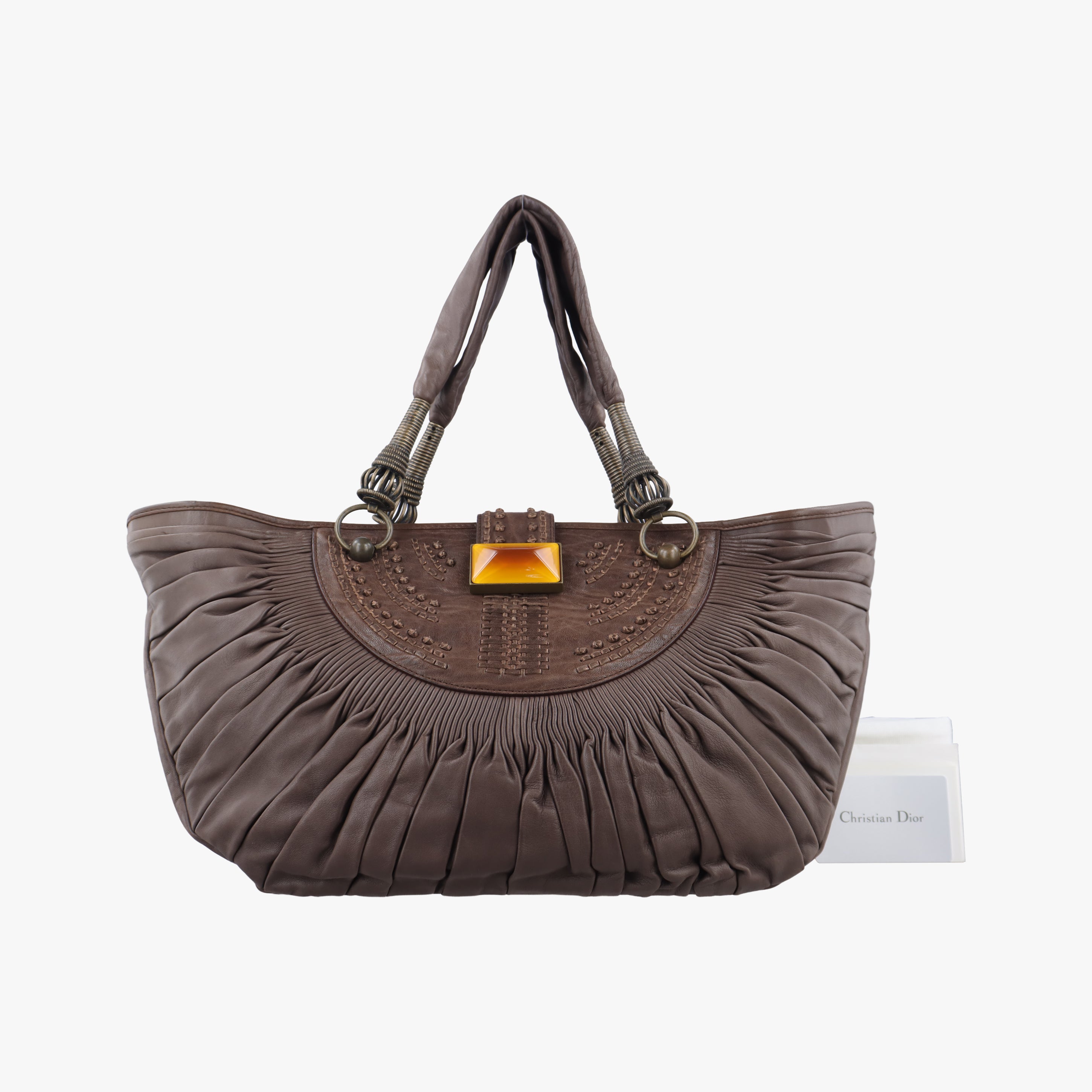 Pre-owned Christian Dior Plisse Tote Brown leather  handbag | stylenewstar