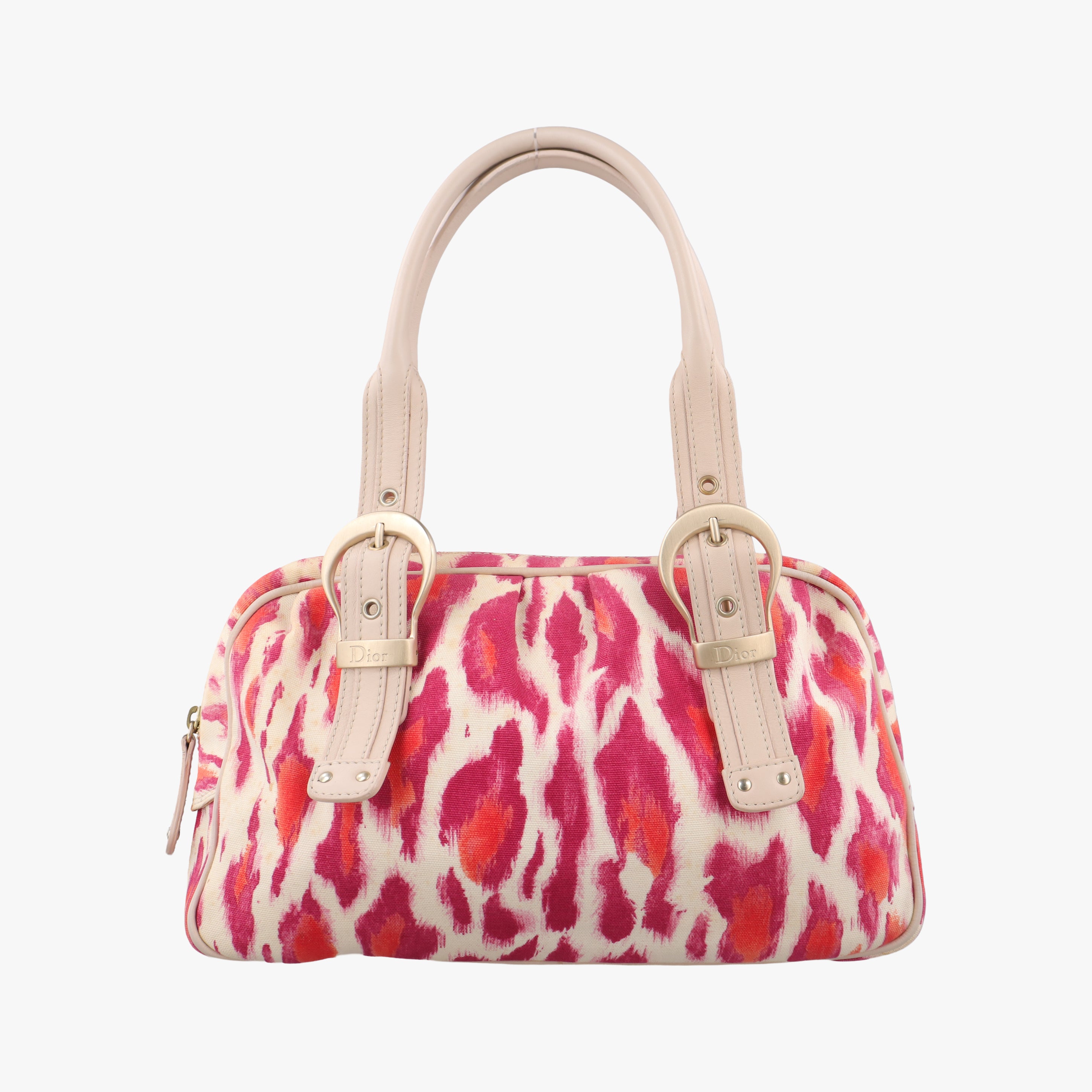 Pre-owned Christian Dior Buckle Handle Satchel Red x Beige canvas  handbag | stylenewstar
