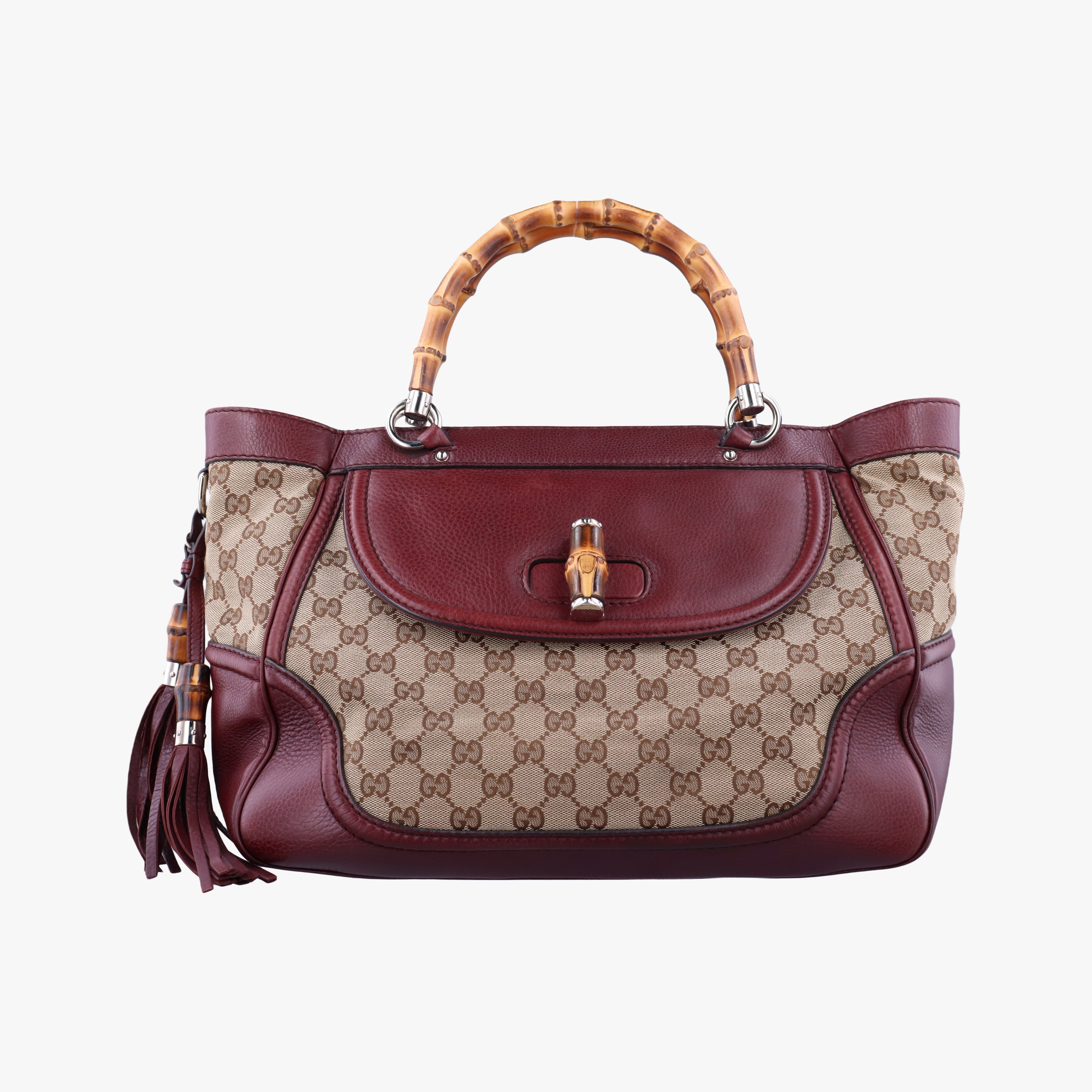Pre-owned Gucci New Bamboo Tassel khaki×burgundy Leather × fabric 246860 handbag | stylenewstar