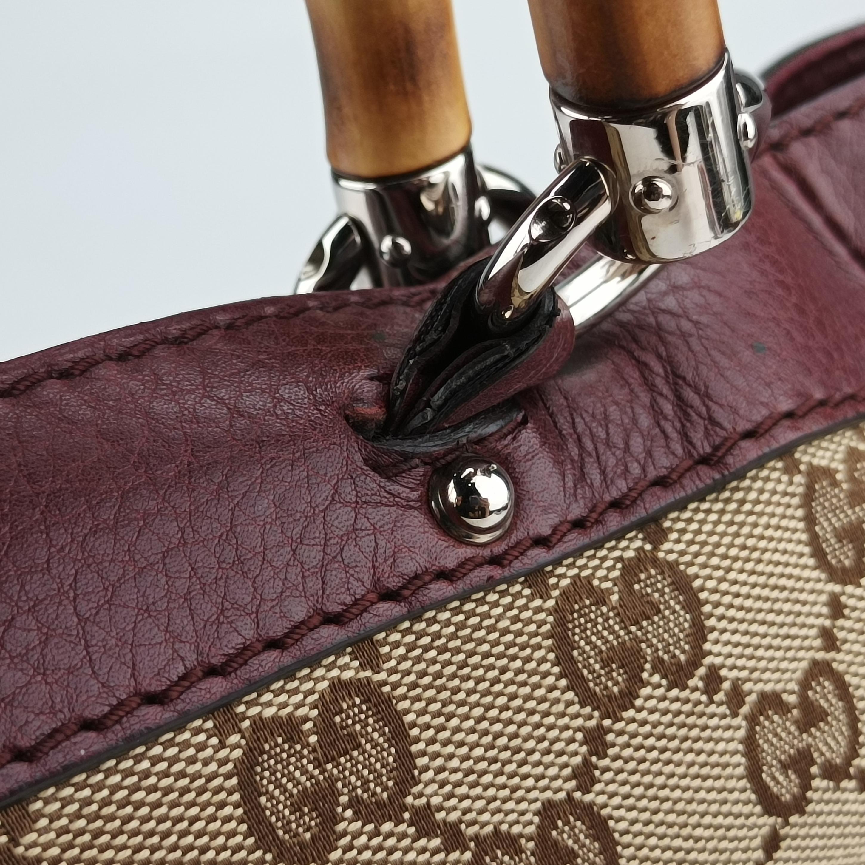 Pre-owned Gucci New Bamboo Tassel khaki×burgundy Leather × fabric 246860 handbag | stylenewstar