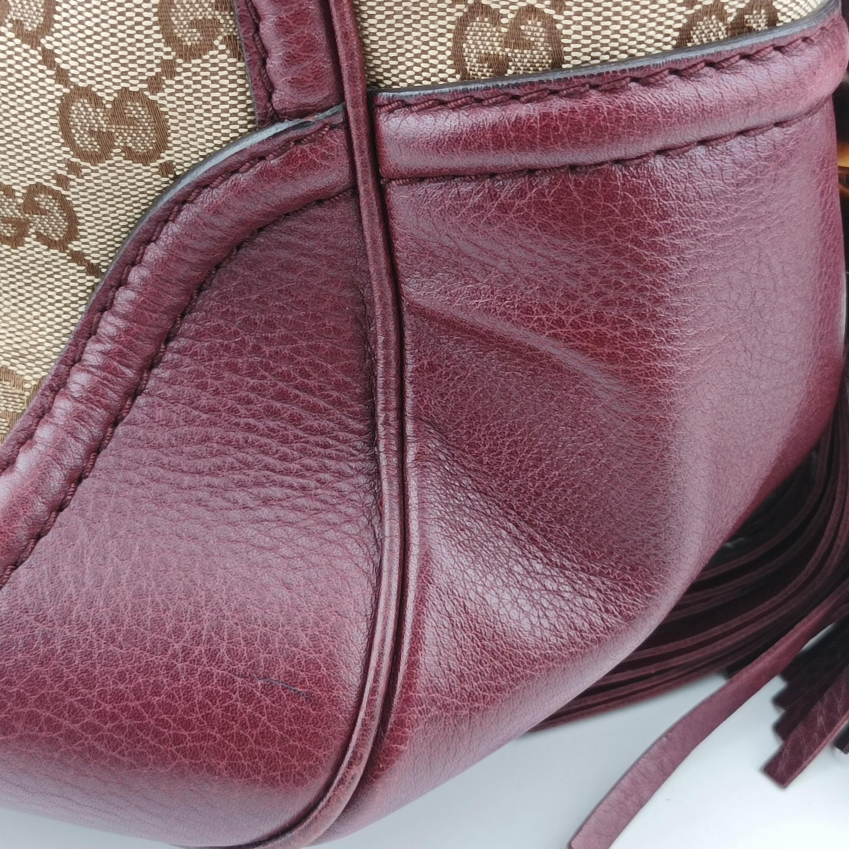 Pre-owned Gucci New Bamboo Tassel khaki×burgundy Leather × fabric 246860 handbag | stylenewstar