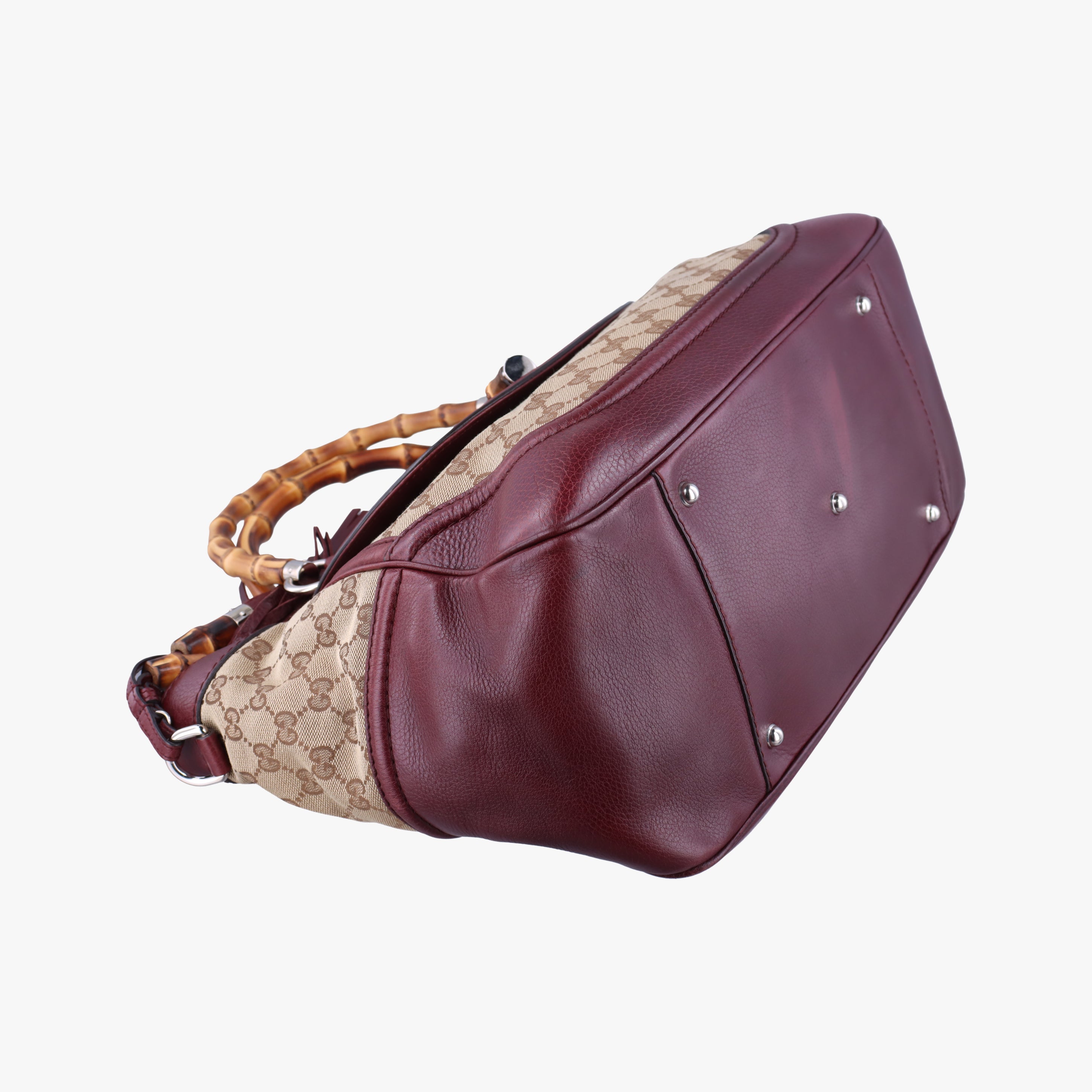 Pre-owned Gucci New Bamboo Tassel khaki×burgundy Leather × fabric 246860 handbag | stylenewstar