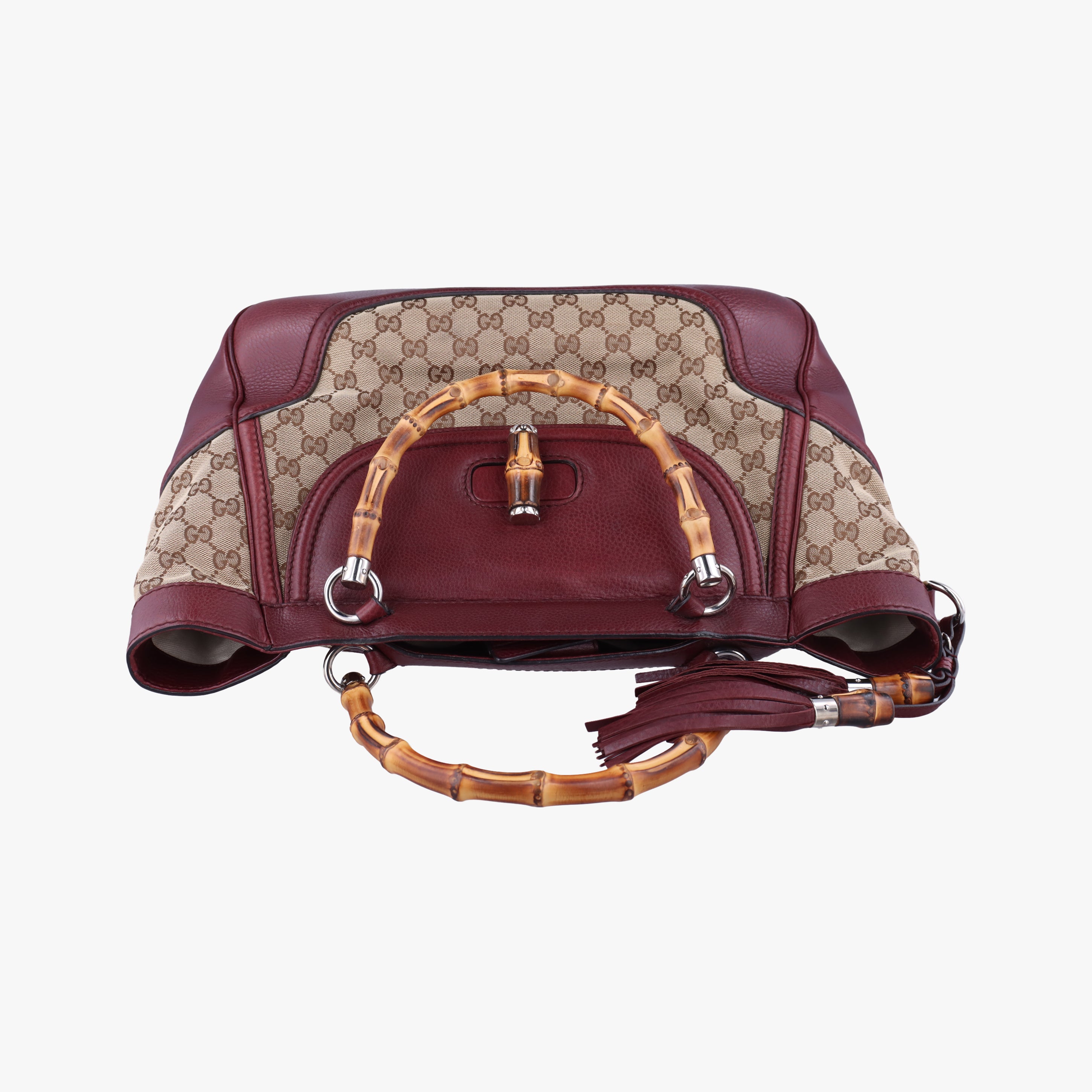 Pre-owned Gucci New Bamboo Tassel khaki×burgundy Leather × fabric 246860 handbag | stylenewstar