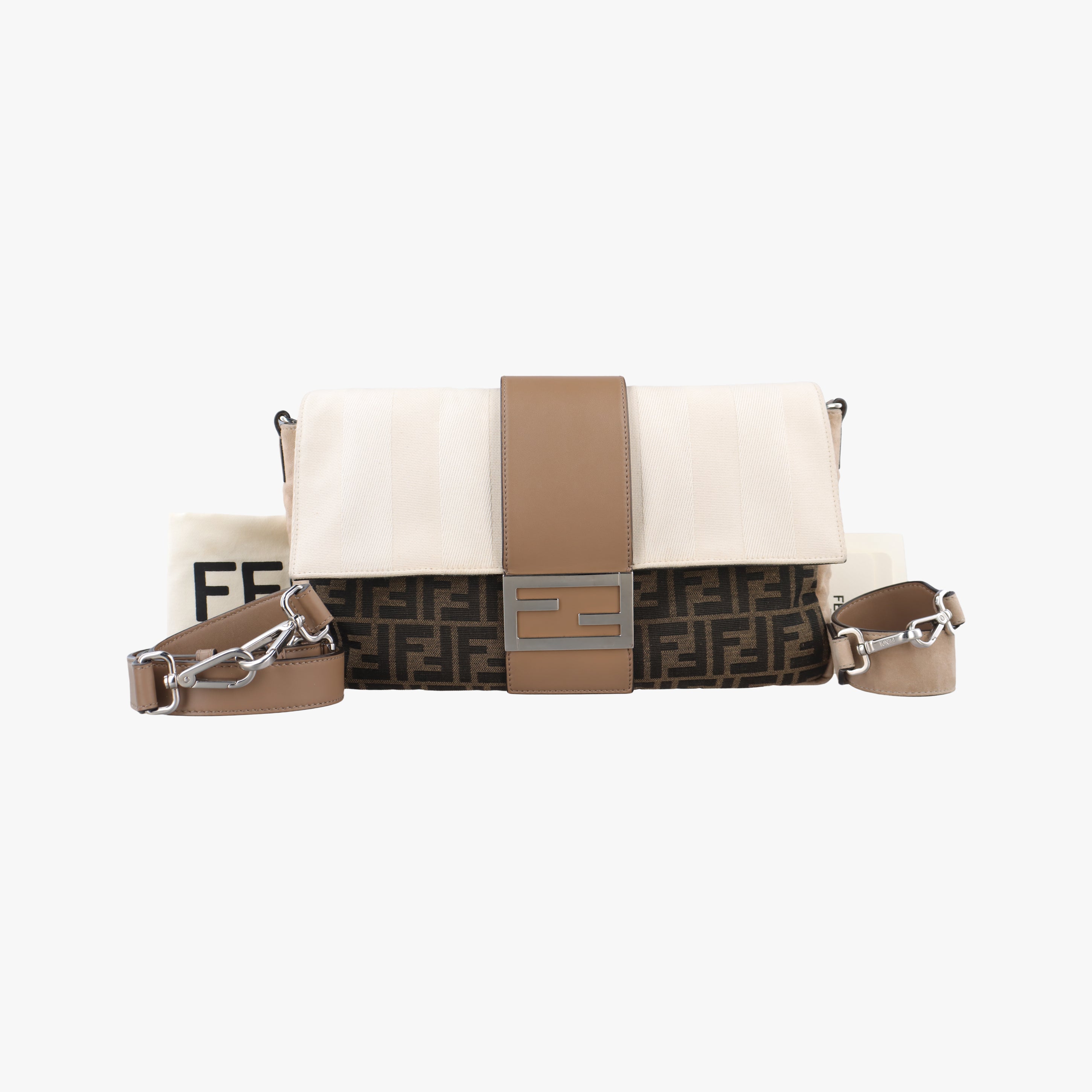 Pre-owned Fendi Baguette Brown x White x Beige canvas×leather 7VA478 shoulderbag | stylenewstar