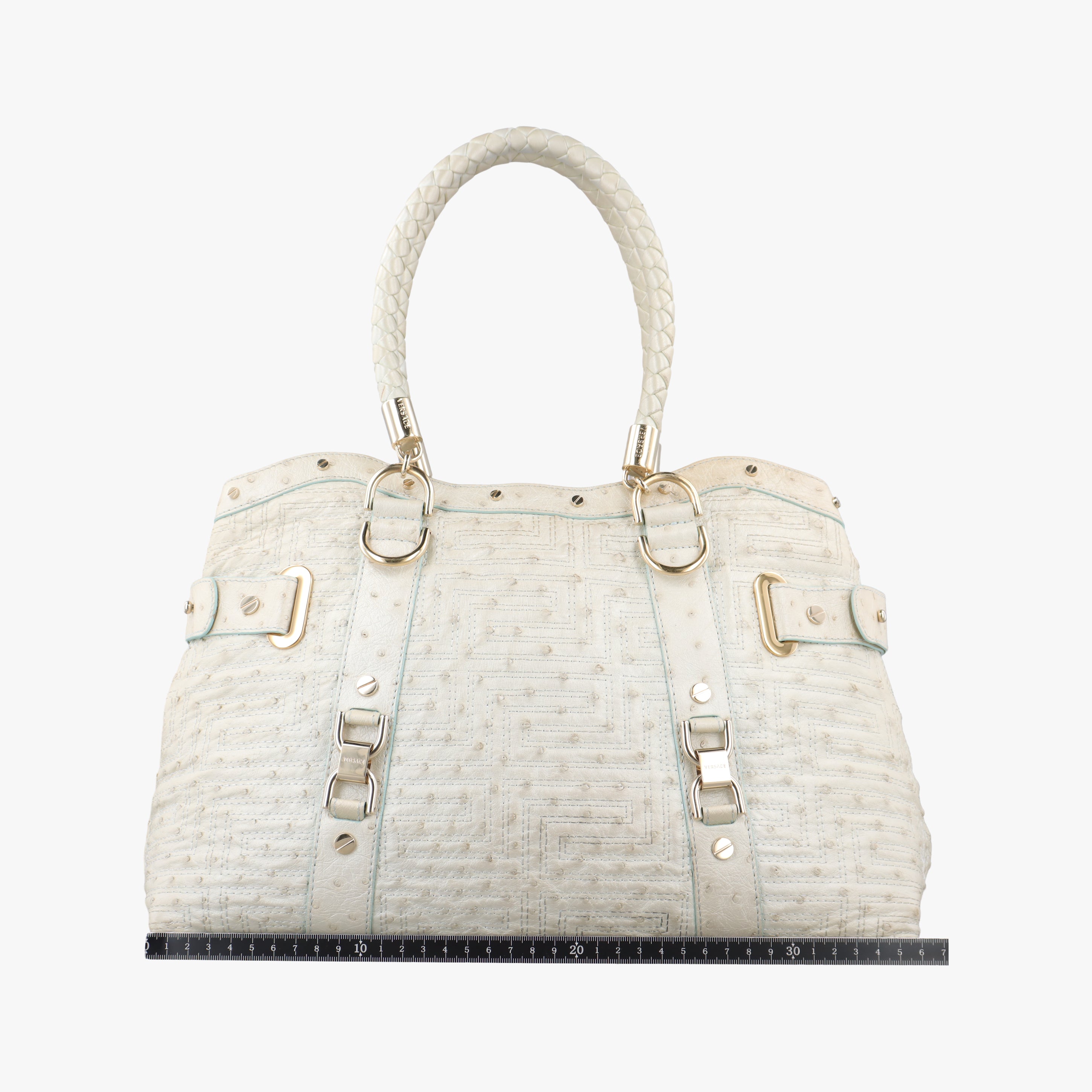 Pre-owned VERSACE Snap Out Of It Tote White ostrich skin  handbag | stylenewstar