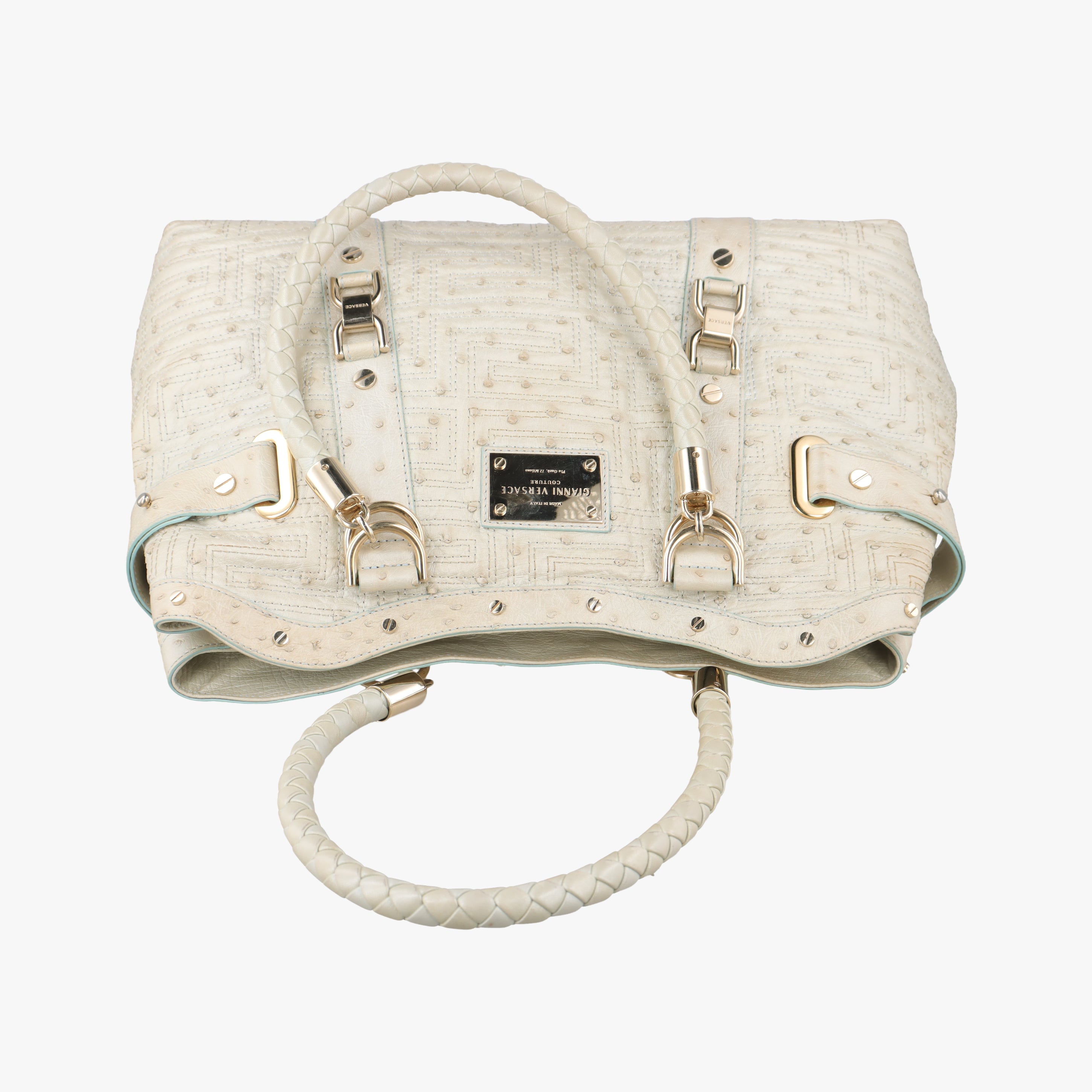 Pre-owned VERSACE Snap Out Of It Tote White ostrich skin  handbag | stylenewstar