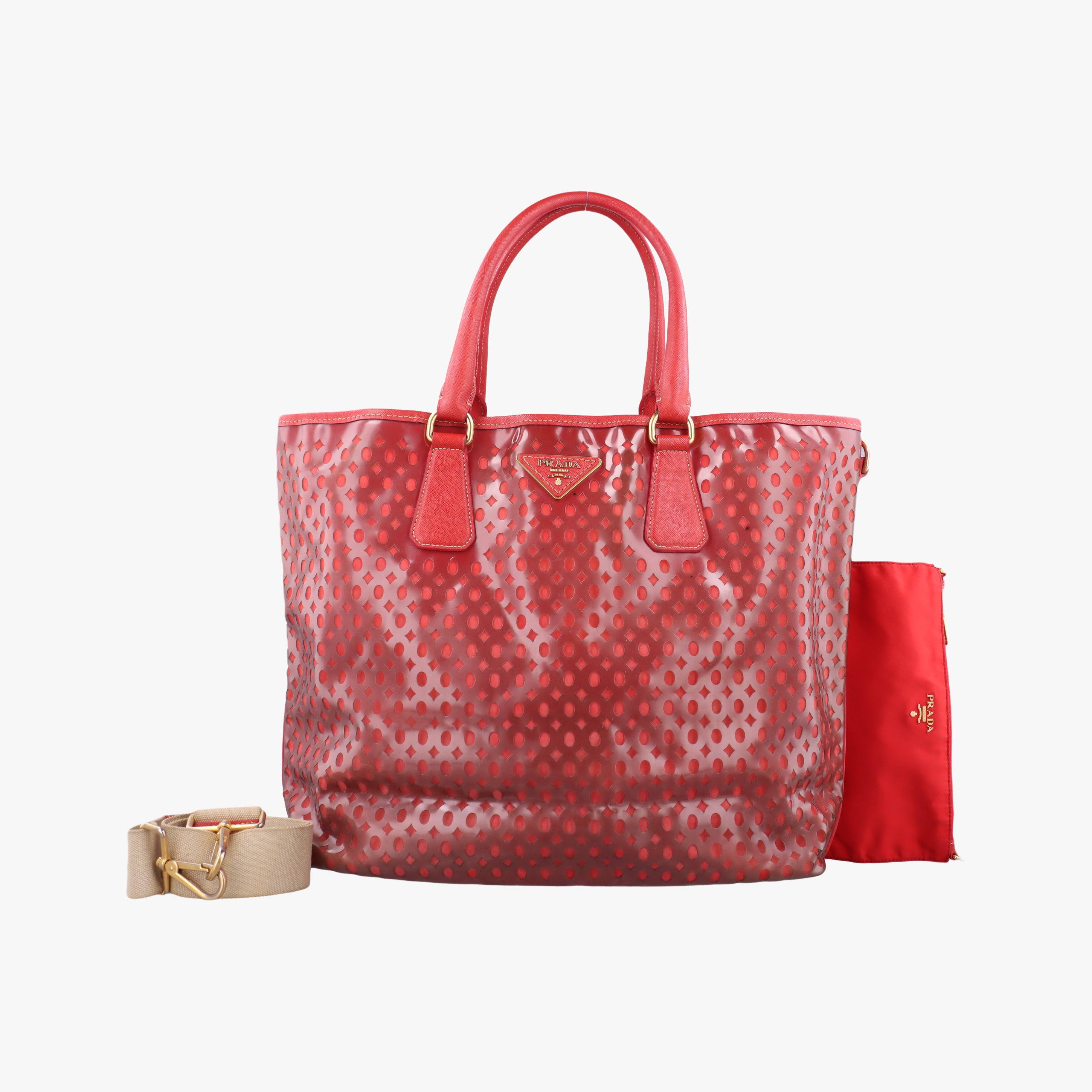 Pre-owned Prada Perforated Tote Red PVC  shoulderbag | stylenewstar