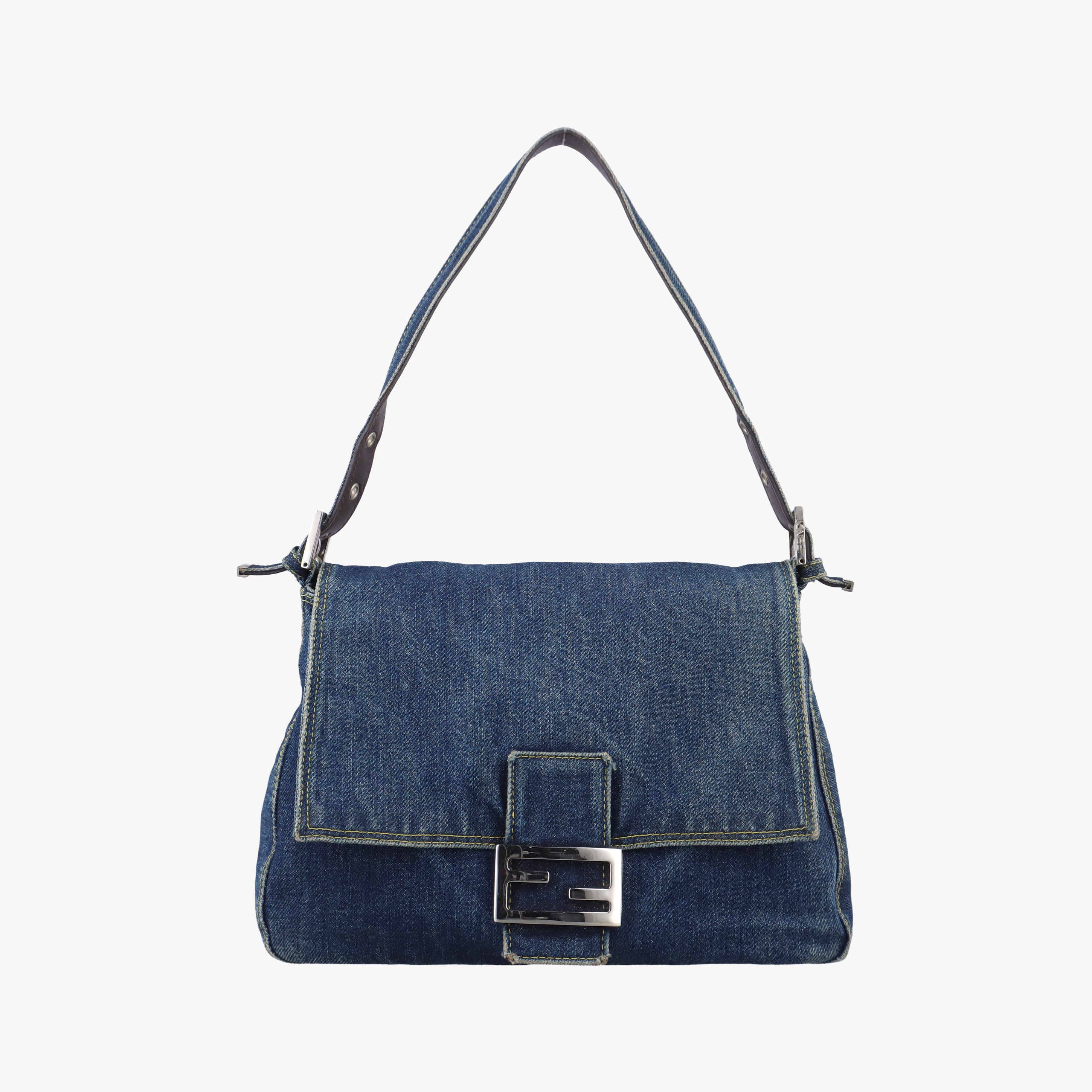 Pre-owned Fendi Mamma Baguette Blue Denim 26325 shoulderbag | stylenewstar