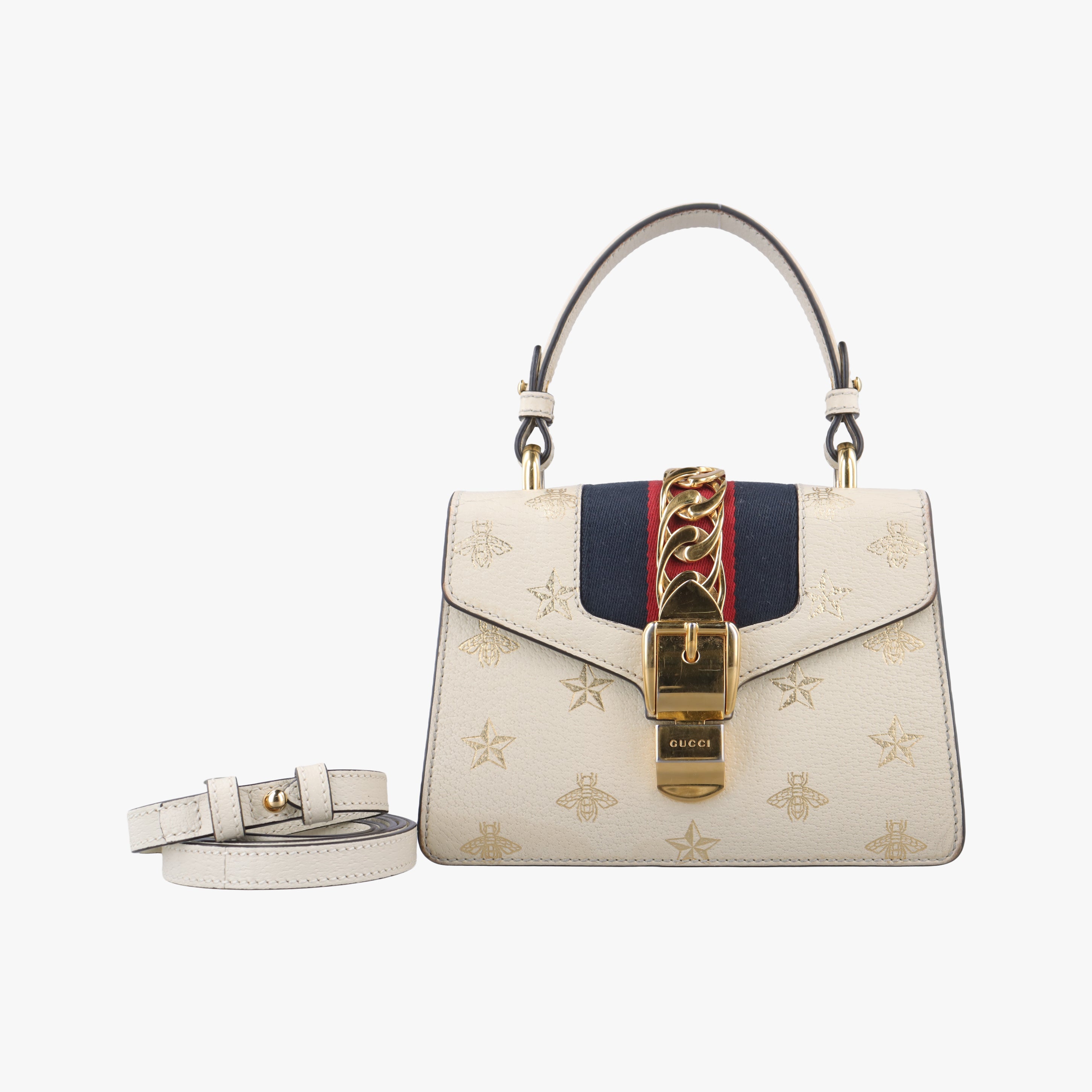 Pre-owned Gucci Sylvie Ivory×navy×red Leather 470270 shoulderbag | stylenewstar