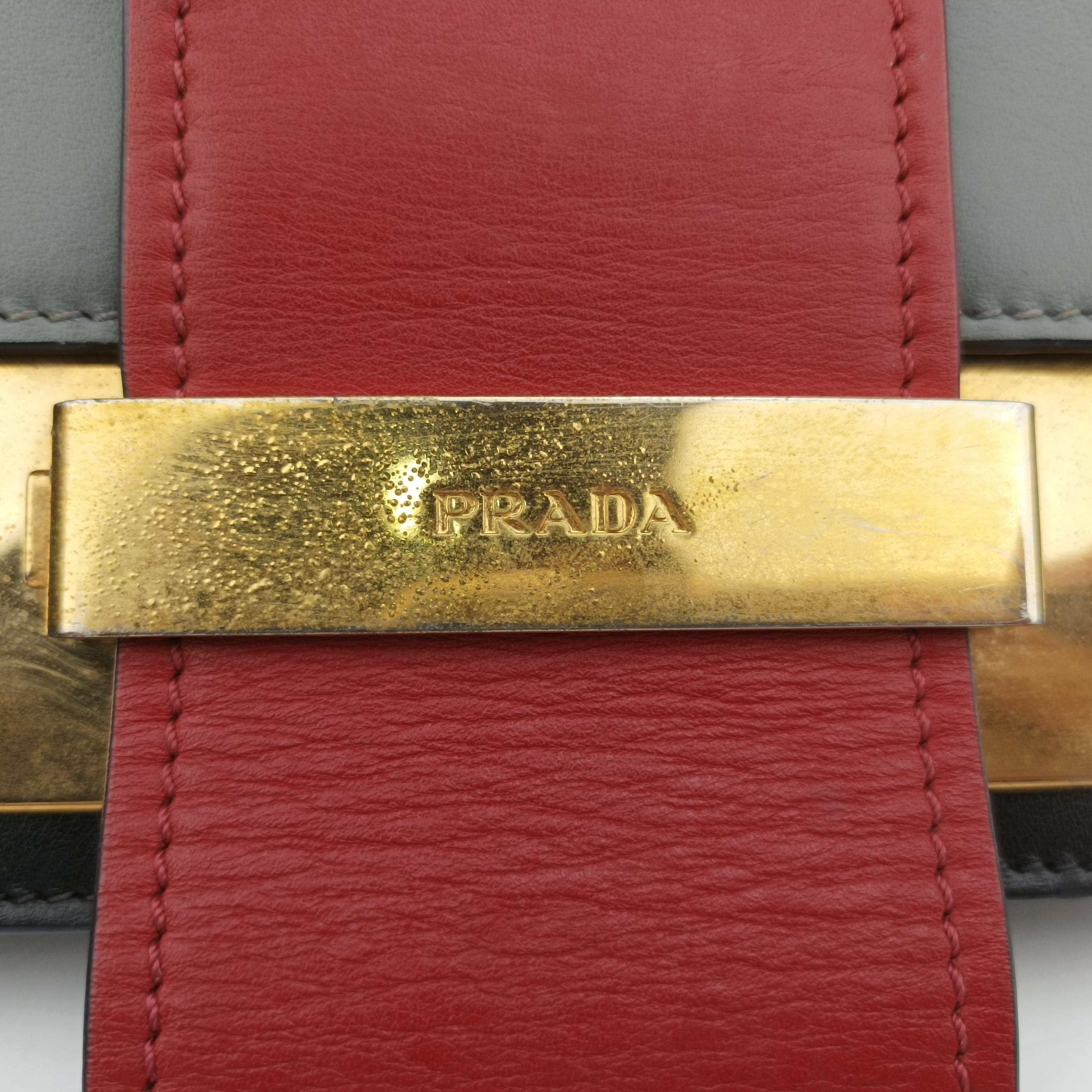Pre-owned Prada Plex Ribbon black×Red×grey Leather 1BD067 shoulderbag | stylenewstar