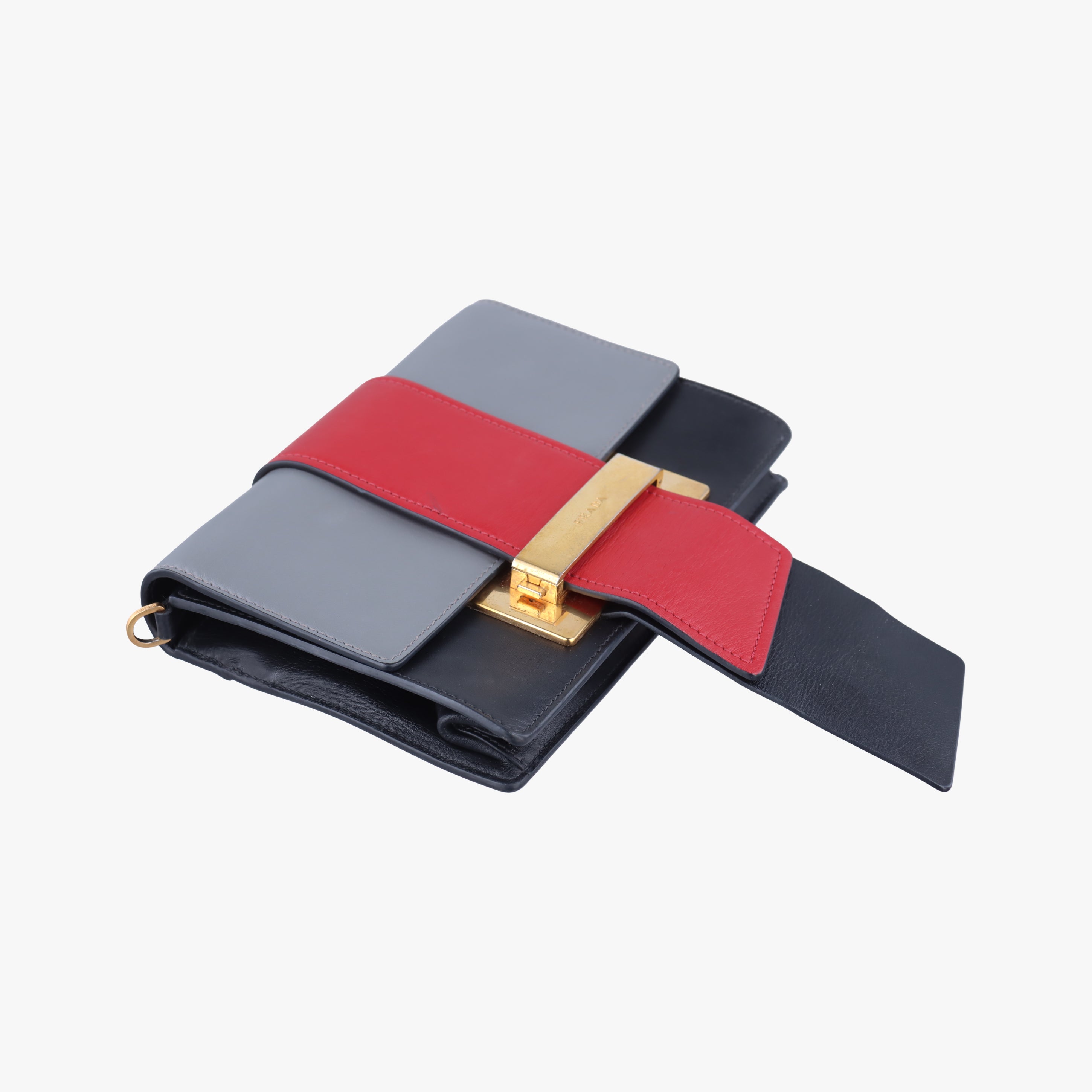 Pre-owned Prada Plex Ribbon black×Red×grey Leather 1BD067 shoulderbag | stylenewstar