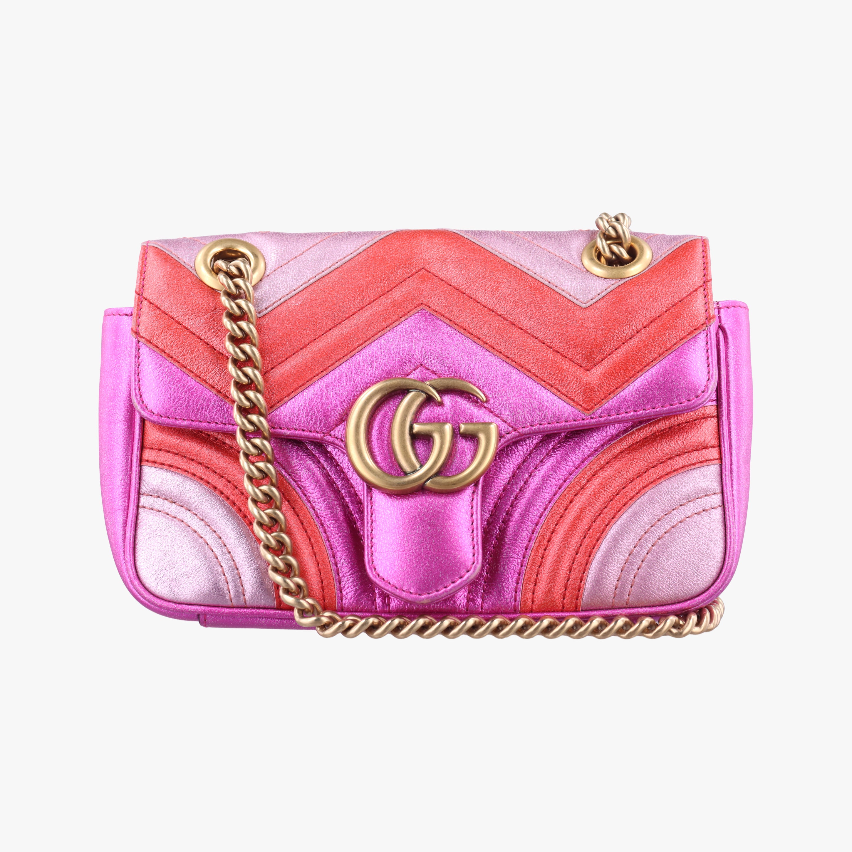 Pre-owned Gucci GG Marmont Pink×Orange×Rose Red Leather 446744 shoulderbag | stylenewstar