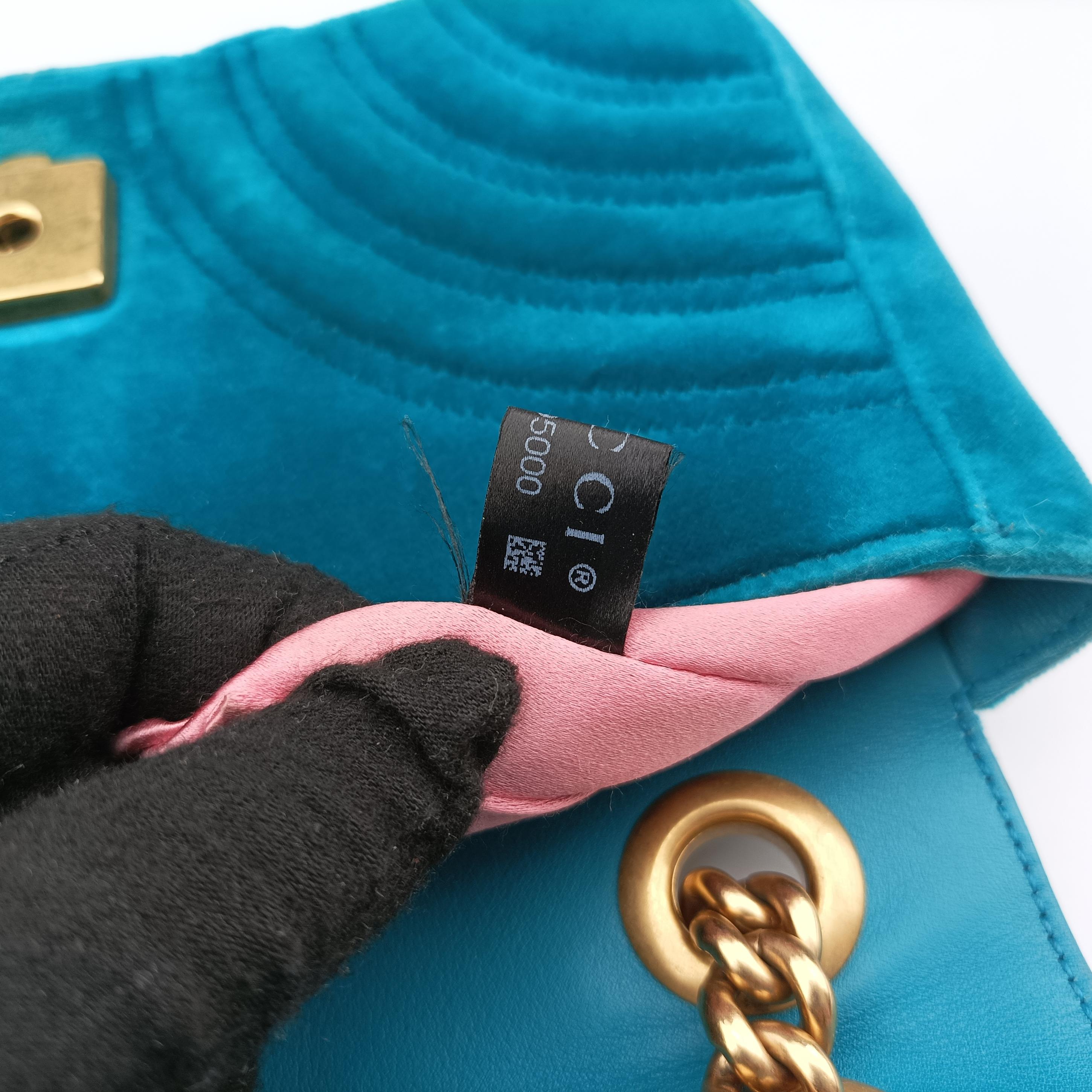 Pre-owned Gucci GG Marmont Blue velour 446744 shoulderbag | stylenewstar