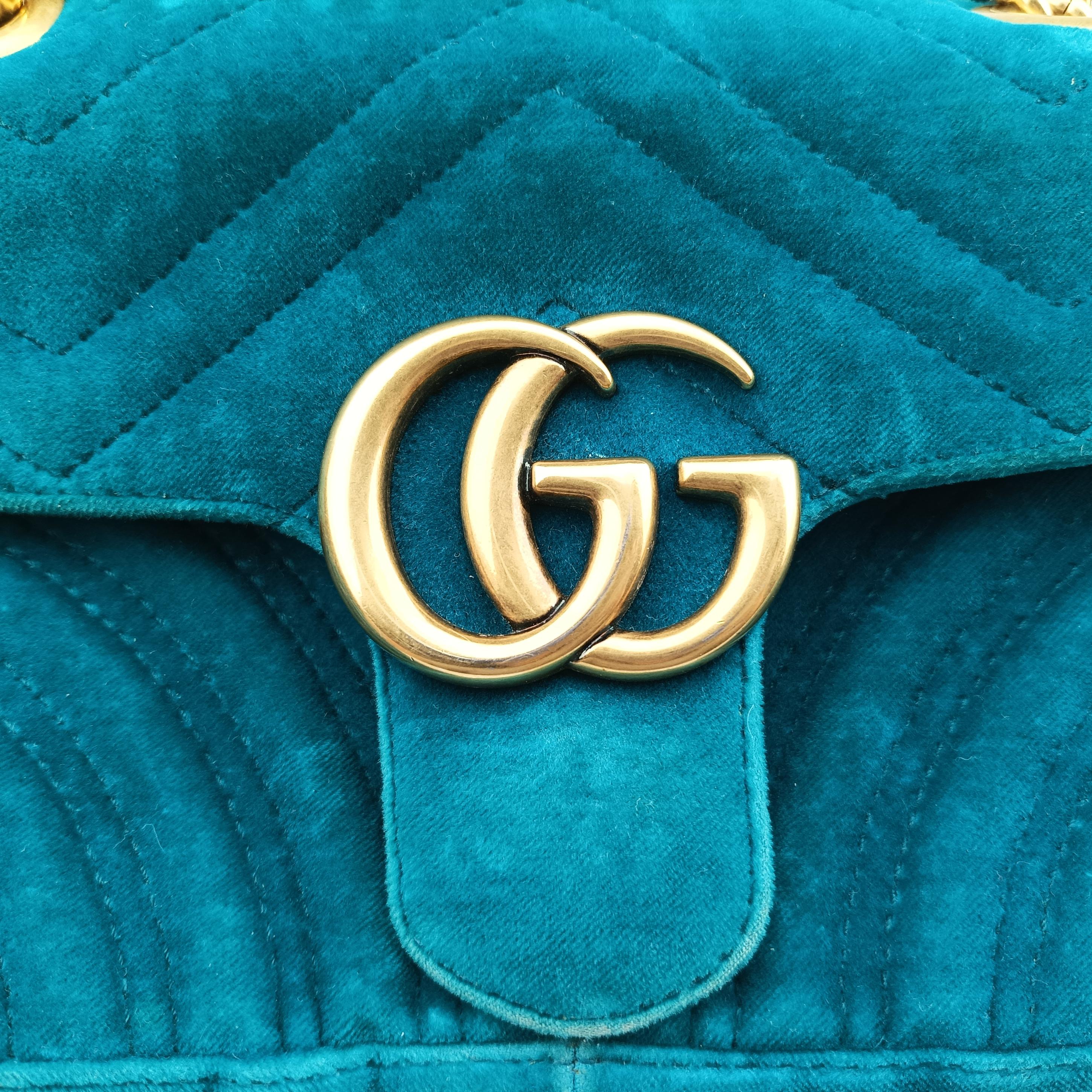Pre-owned Gucci GG Marmont Blue velour 446744 shoulderbag | stylenewstar