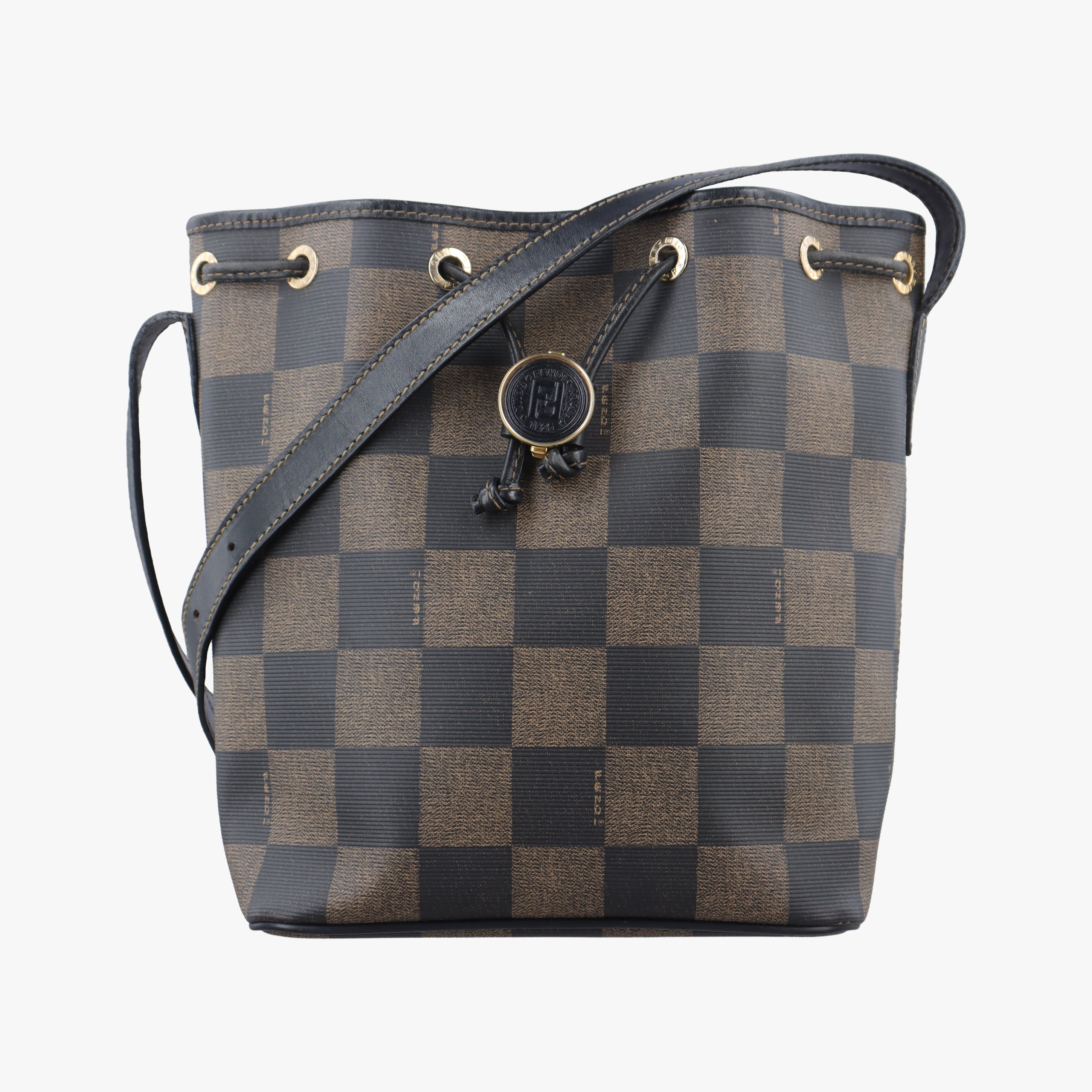 Pre-owned Fendi block check bucket Brown×Black PVC coated canvas 13926 shoulderbag | stylenewstar