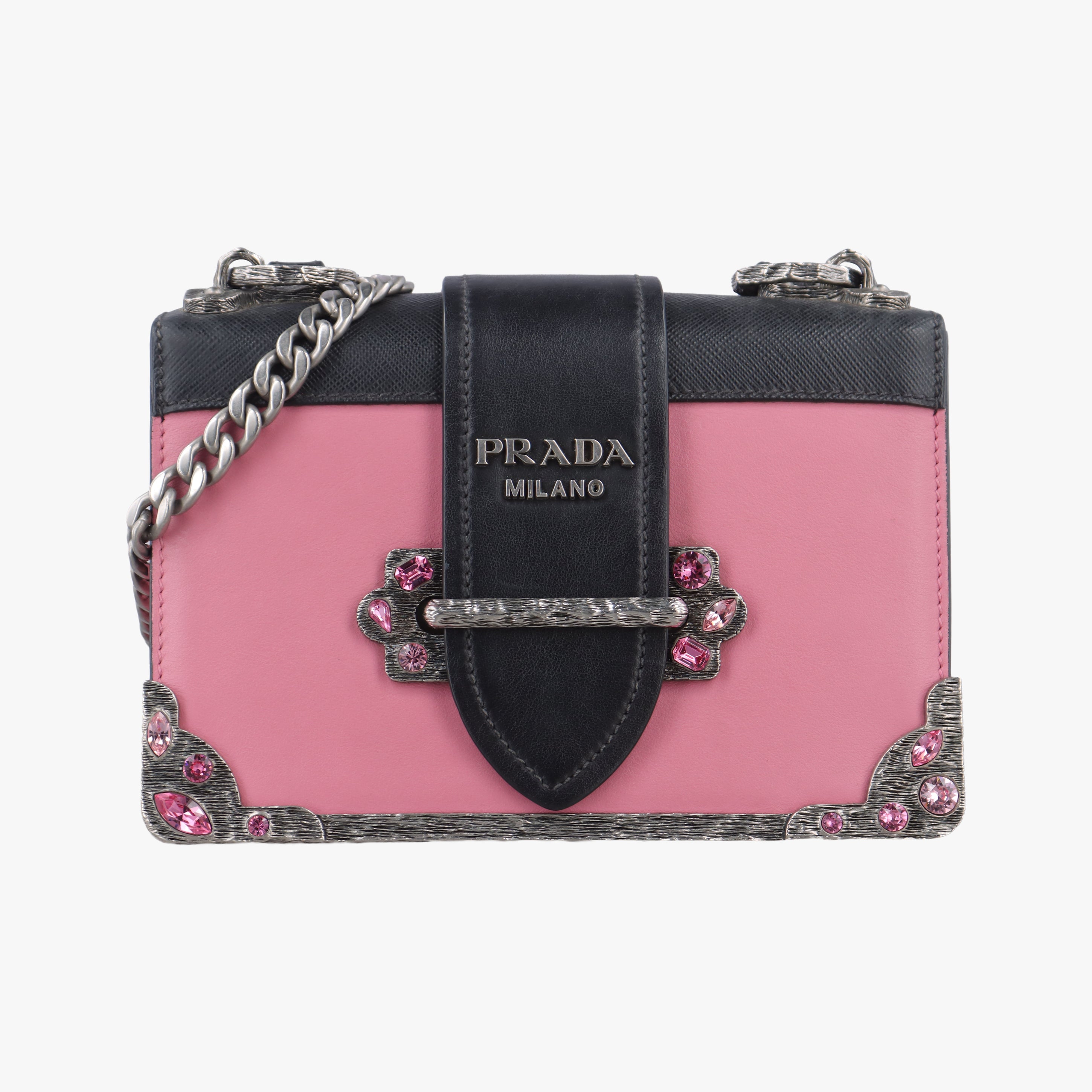 Pre-owned Prada Cahier pink×Black Leather 1BH018 shoulderbag | stylenewstar