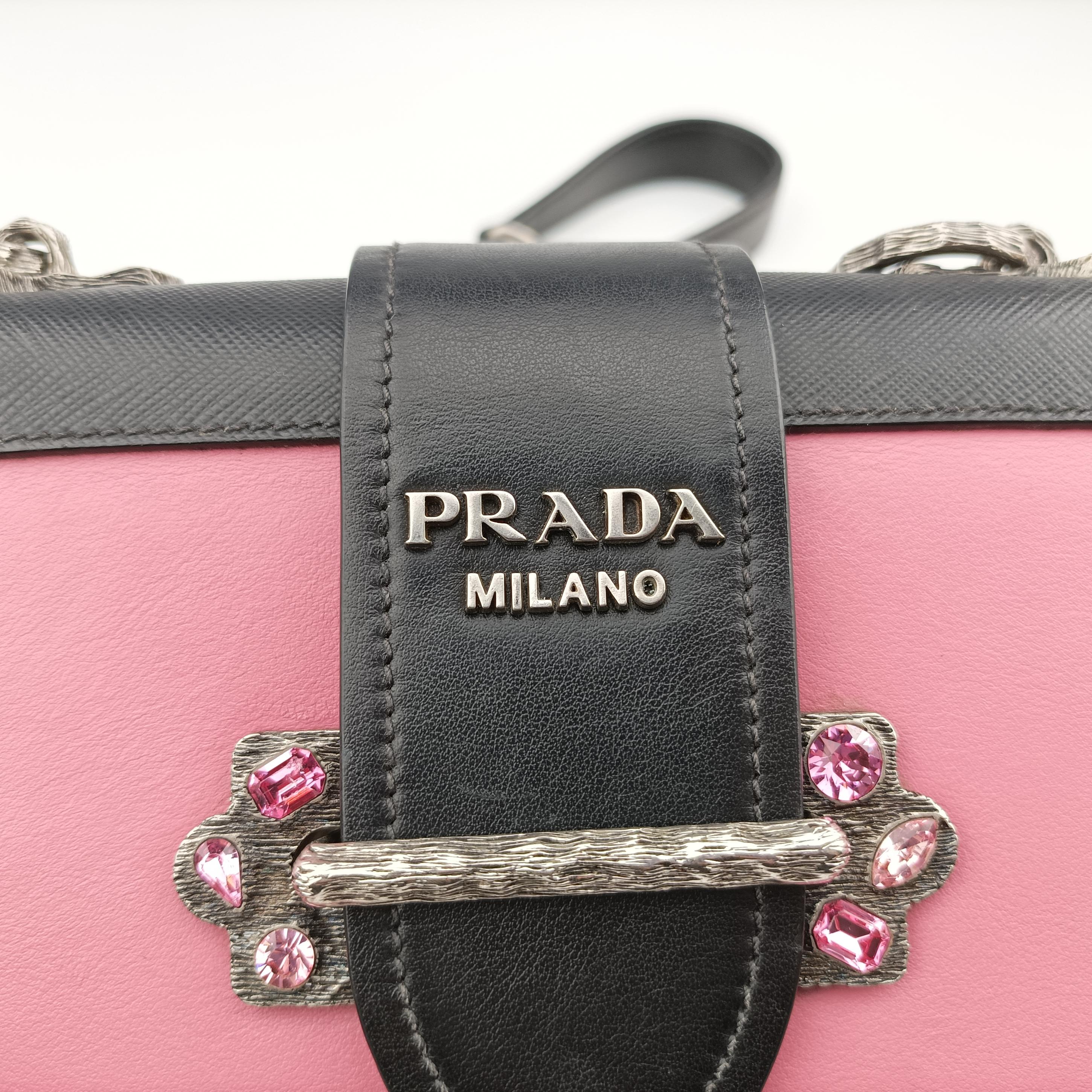 Pre-owned Prada Cahier pink×Black Leather 1BH018 shoulderbag | stylenewstar