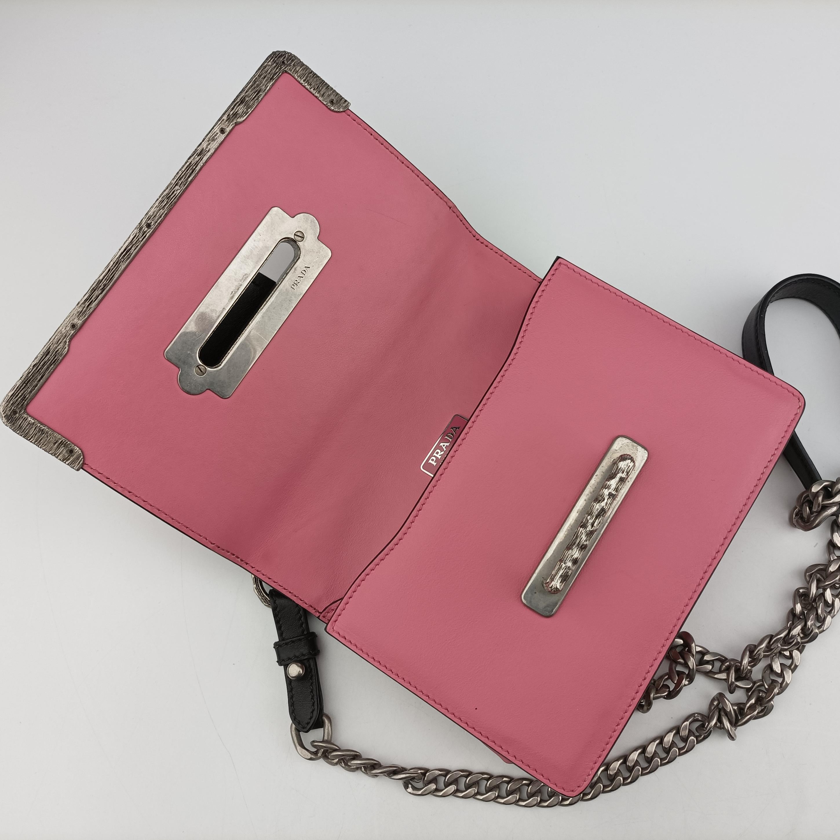 Pre-owned Prada Cahier pink×Black Leather 1BH018 shoulderbag | stylenewstar