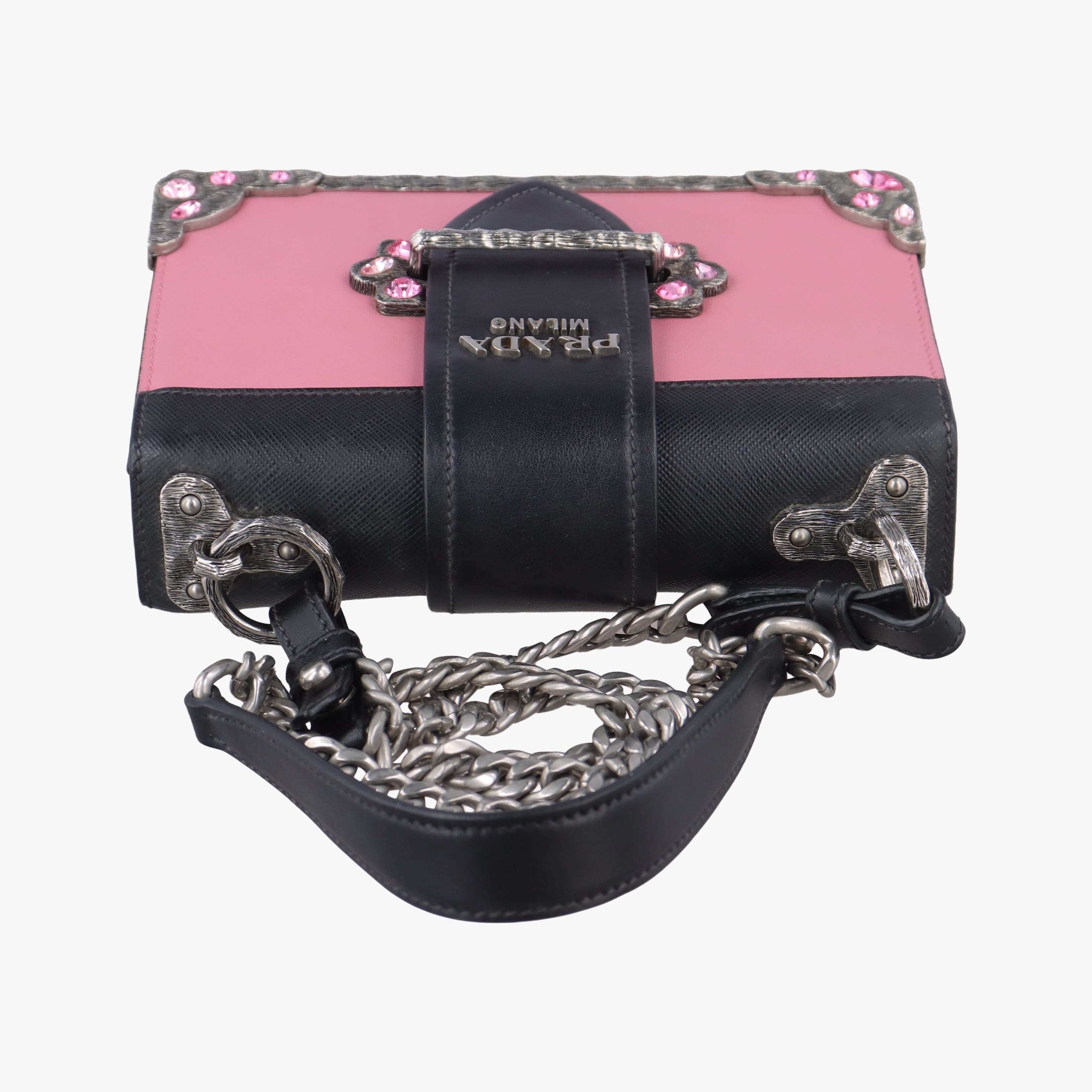 Pre-owned Prada Cahier pink×Black Leather 1BH018 shoulderbag | stylenewstar