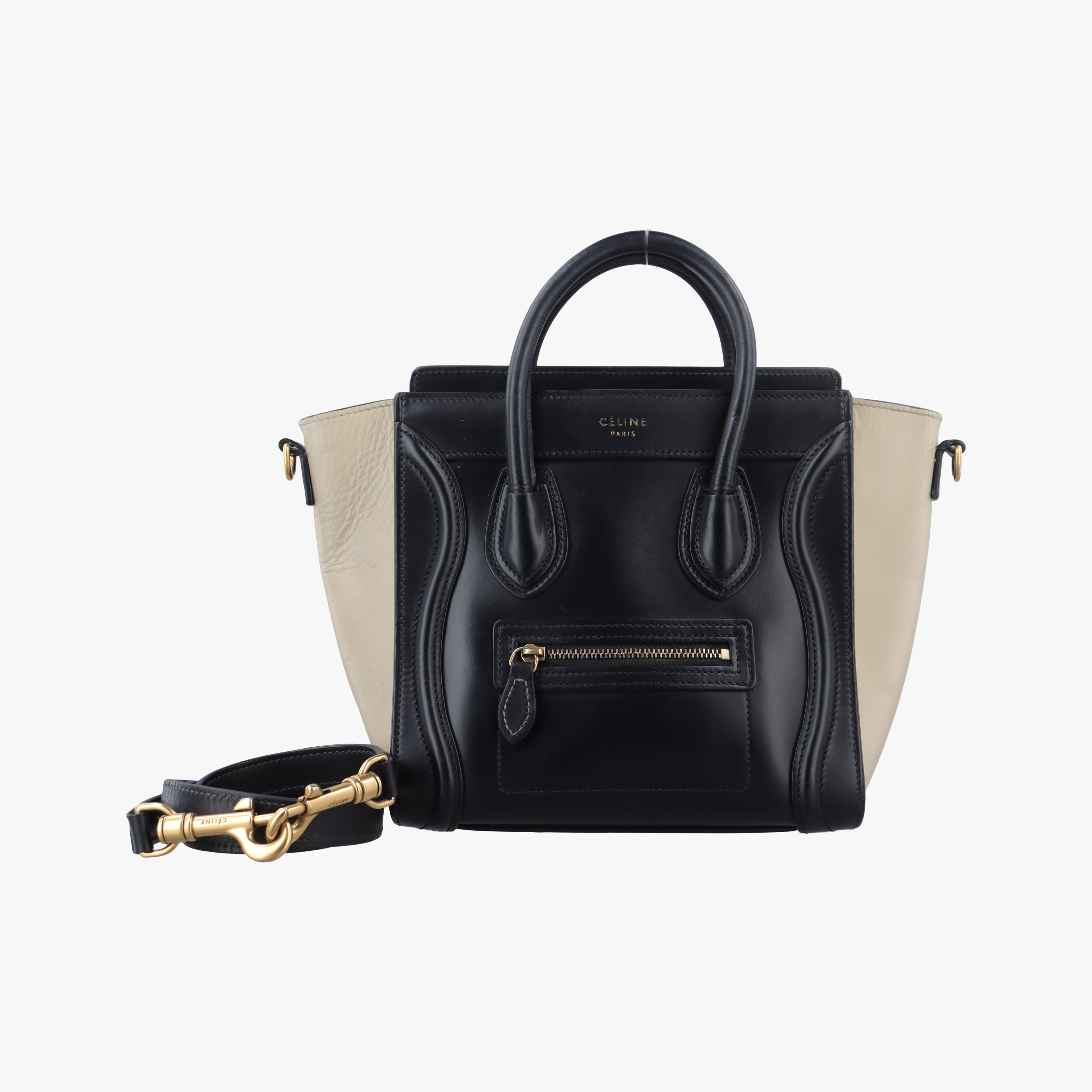 Pre-owned Celine luggage nano shopper Black×beige leather  shoulderbag | stylenewstar