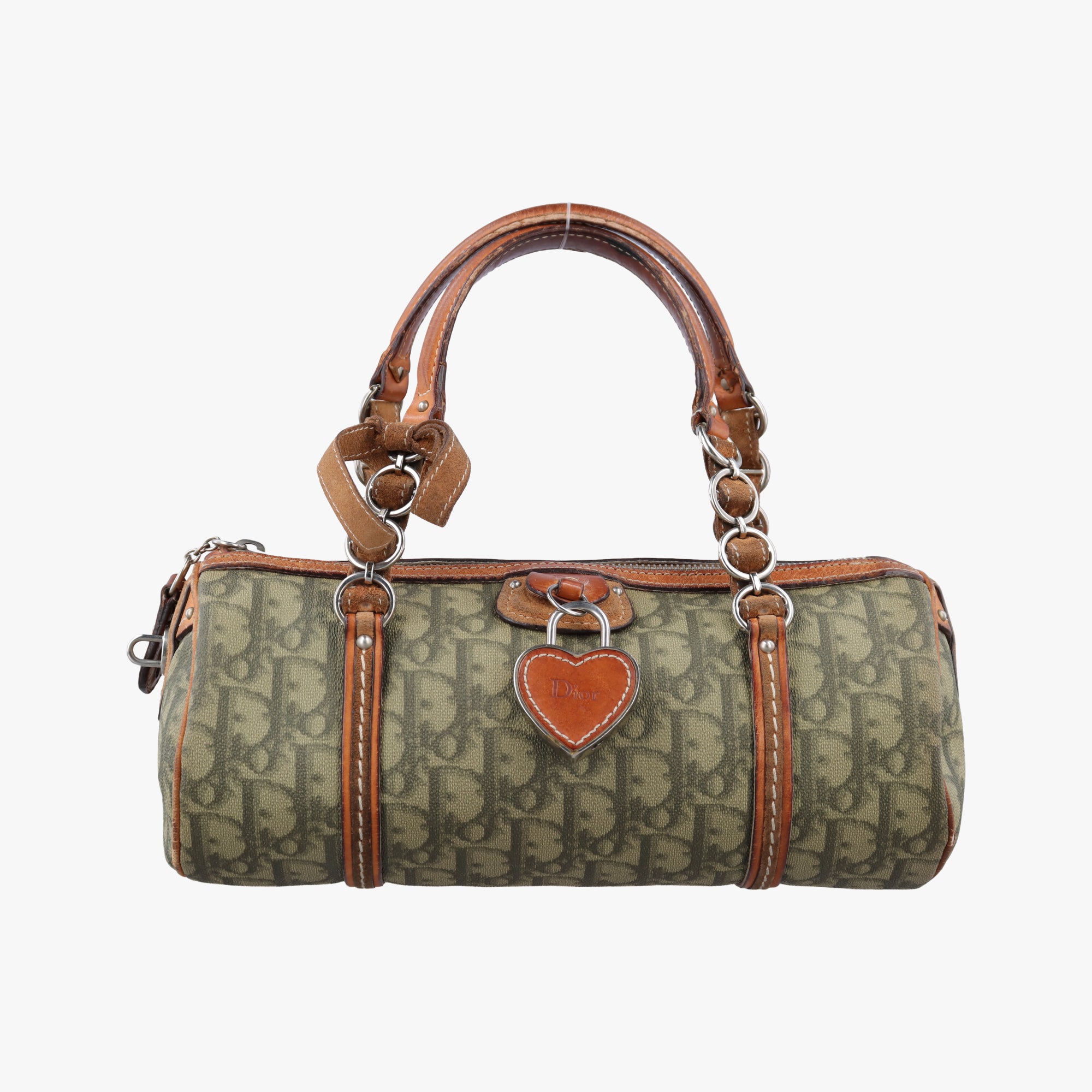 Pre-owned Christian Dior Romantique trotter Heart Barrel Green×Brown PVC coated canvas  handbag | stylenewstar
