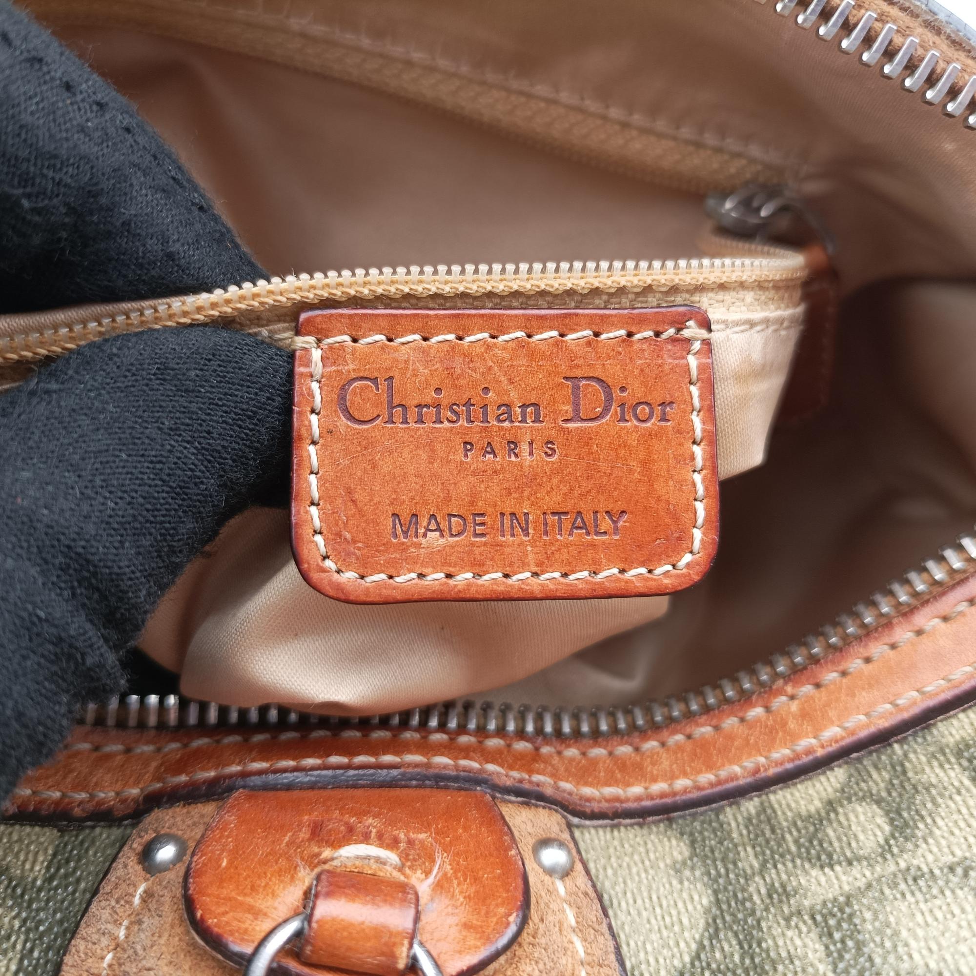Pre-owned Christian Dior Romantique trotter Heart Barrel Green×Brown PVC coated canvas  handbag | stylenewstar