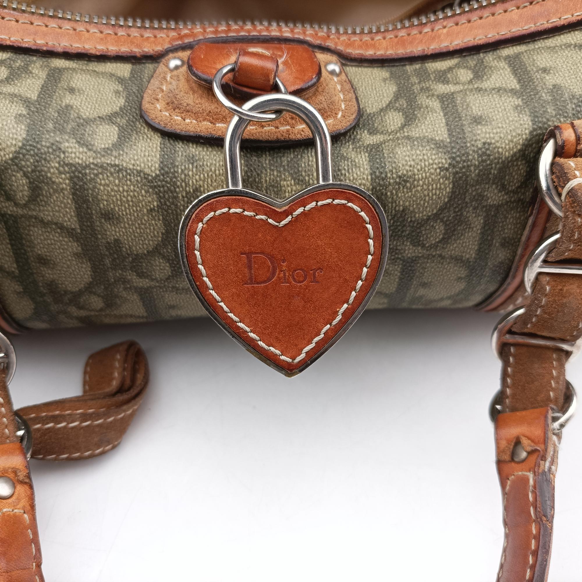 Pre-owned Christian Dior Romantique trotter Heart Barrel Green×Brown PVC coated canvas  handbag | stylenewstar