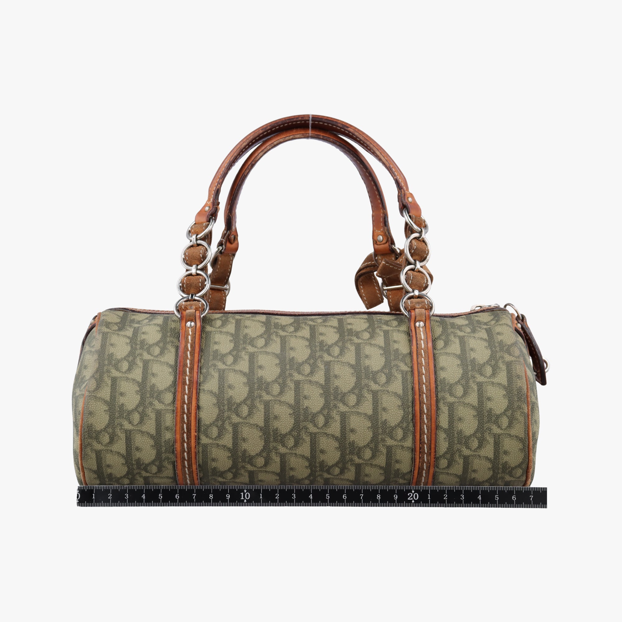 Pre-owned Christian Dior Romantique trotter Heart Barrel Green×Brown PVC coated canvas  handbag | stylenewstar