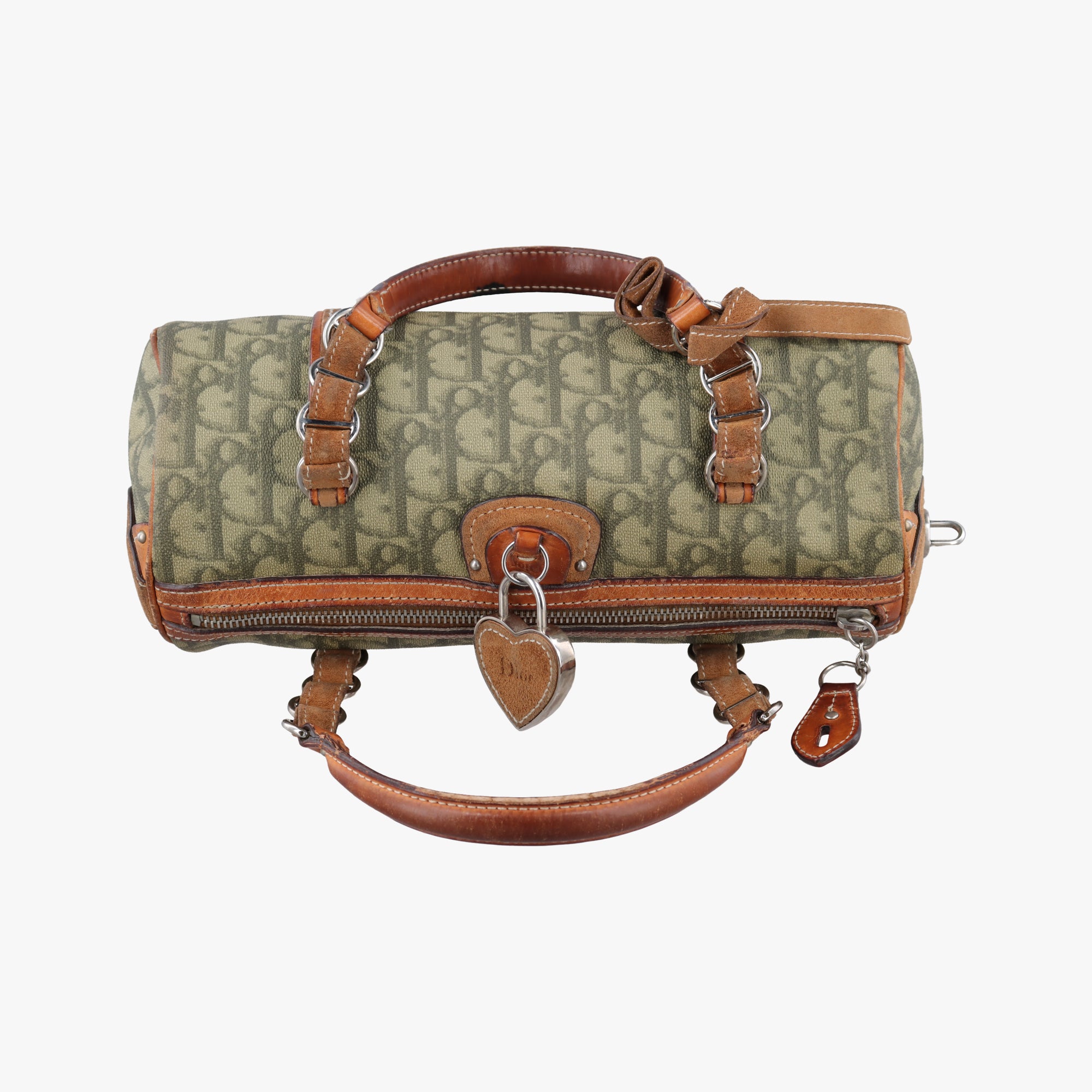 Pre-owned Christian Dior Romantique trotter Heart Barrel Green×Brown PVC coated canvas  handbag | stylenewstar