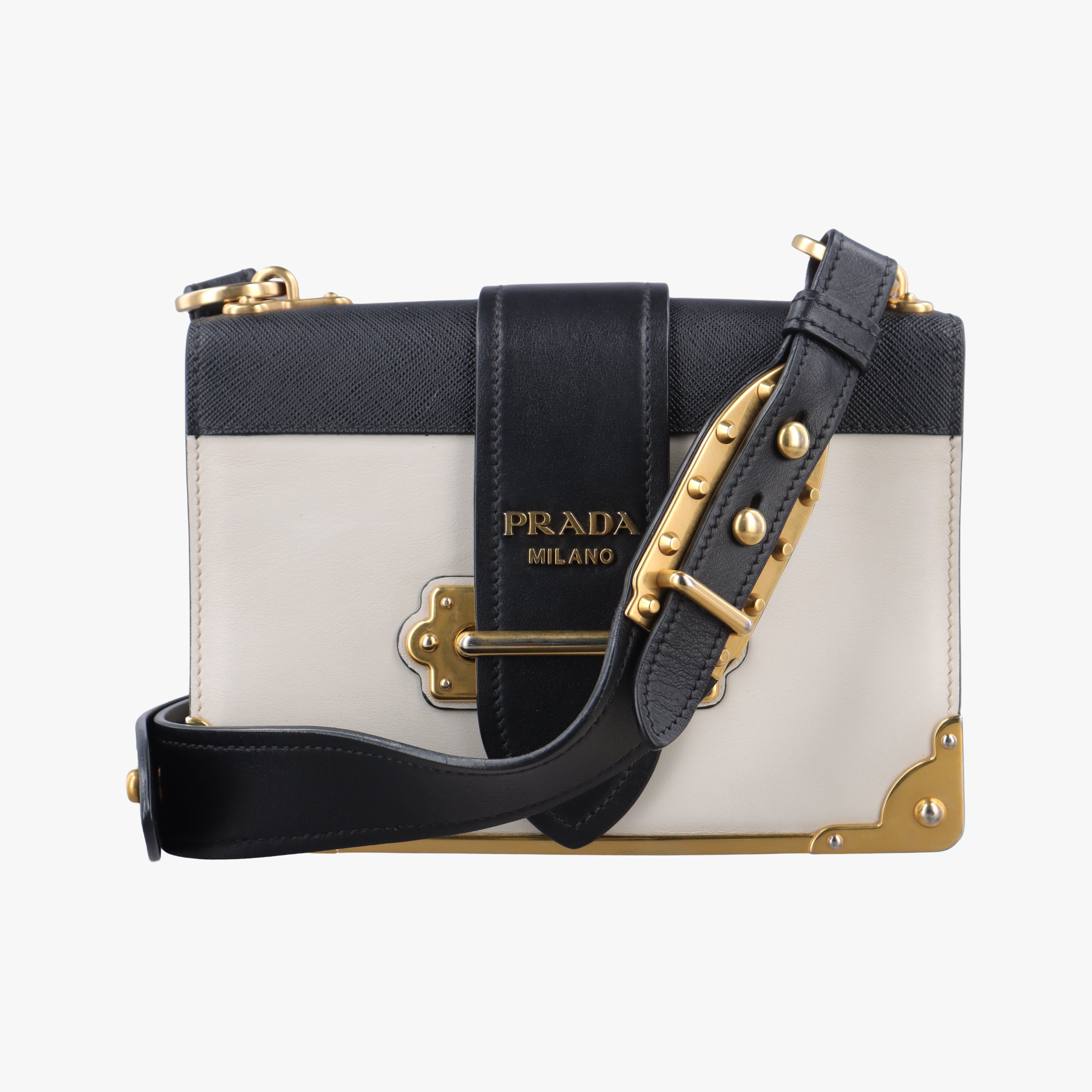 Pre-owned Prada Cahier Black×white Leather×SAFFIANO Leather 1BD045 shoulderbag | stylenewstar