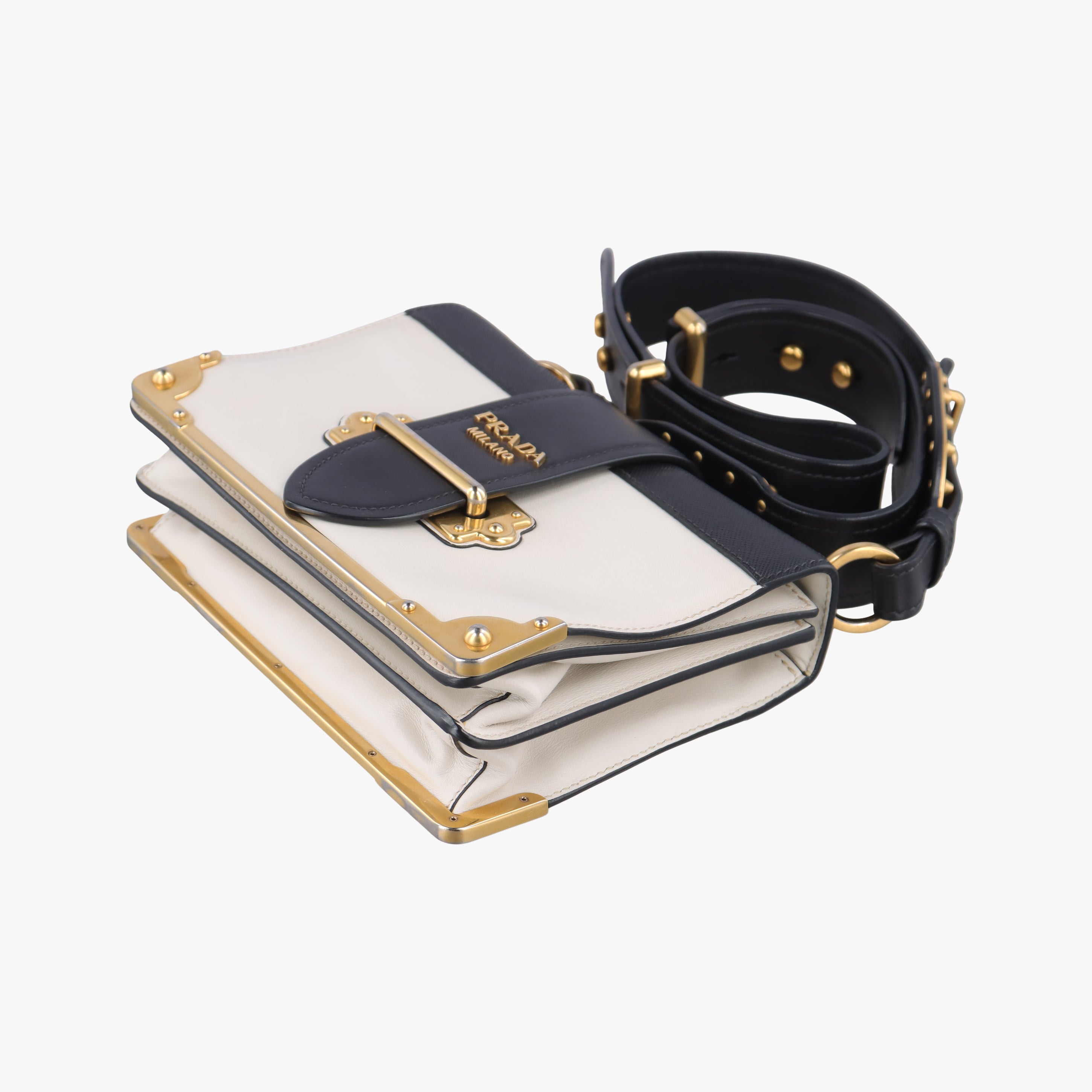 Pre-owned Prada Cahier Black×white Leather×SAFFIANO Leather 1BD045 shoulderbag | stylenewstar