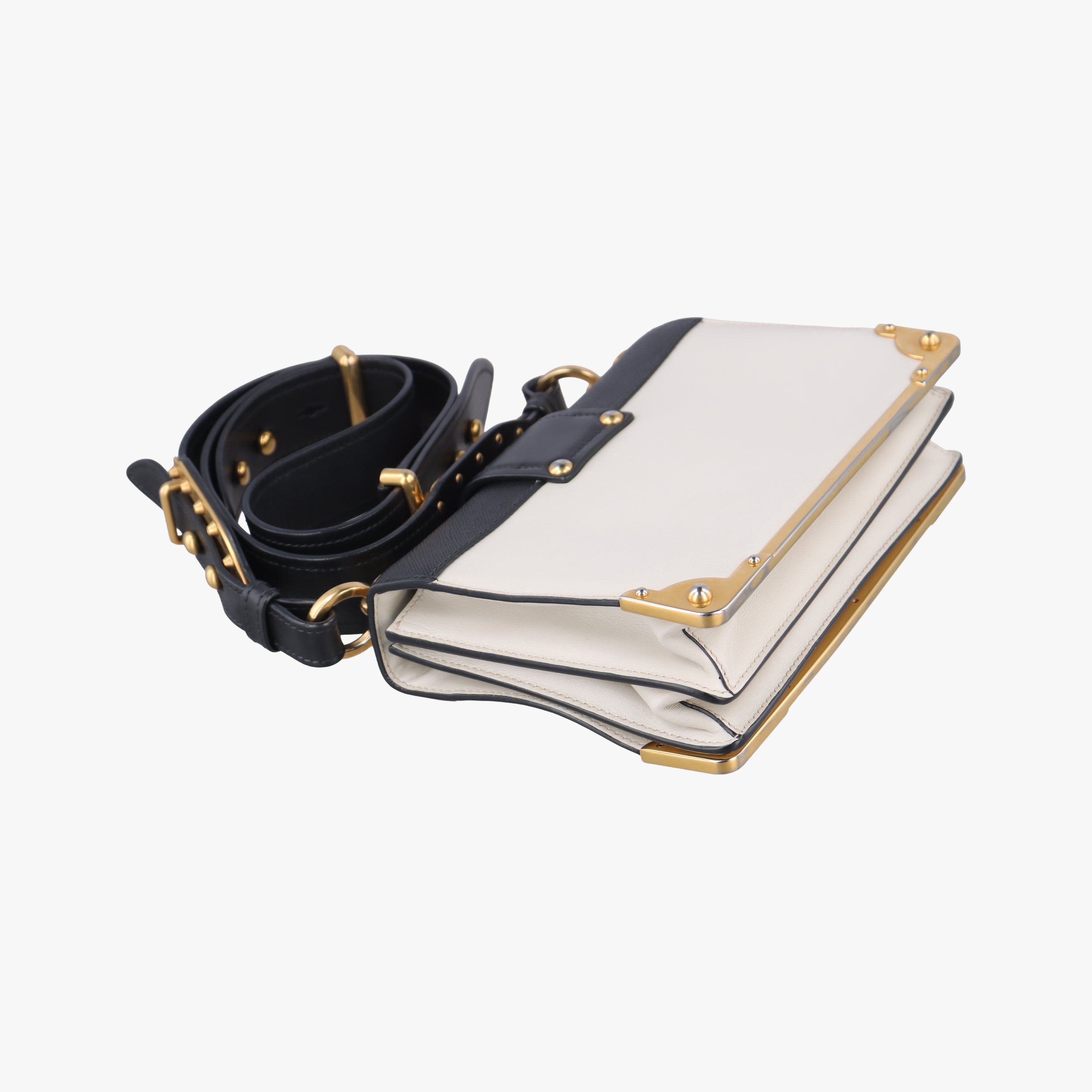 Pre-owned Prada Cahier Black×white Leather×SAFFIANO Leather 1BD045 shoulderbag | stylenewstar