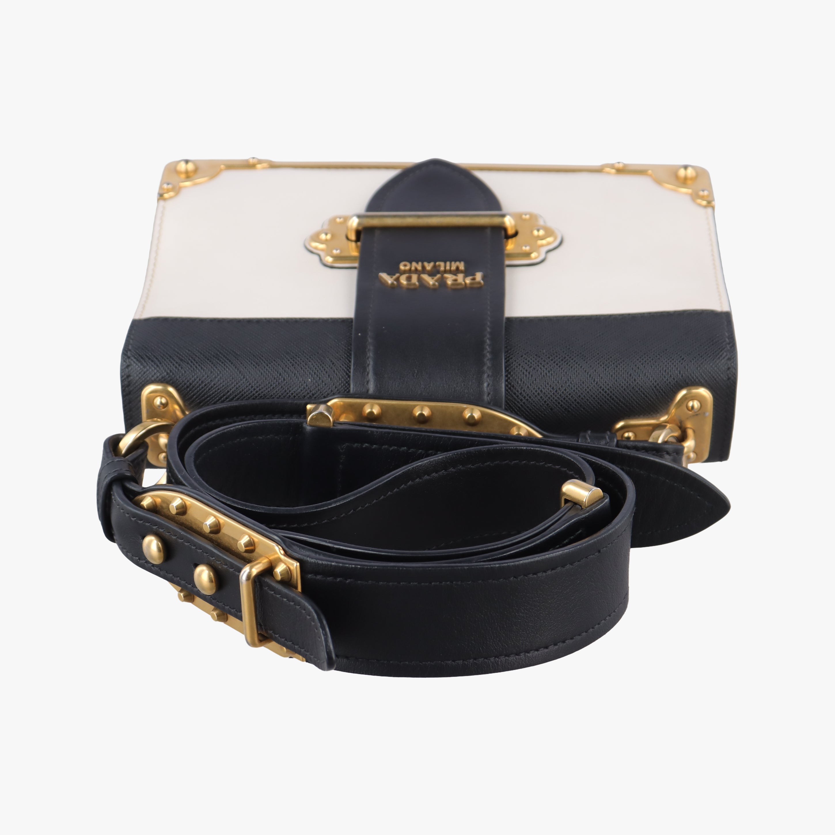 Pre-owned Prada Cahier Black×white Leather×SAFFIANO Leather 1BD045 shoulderbag | stylenewstar