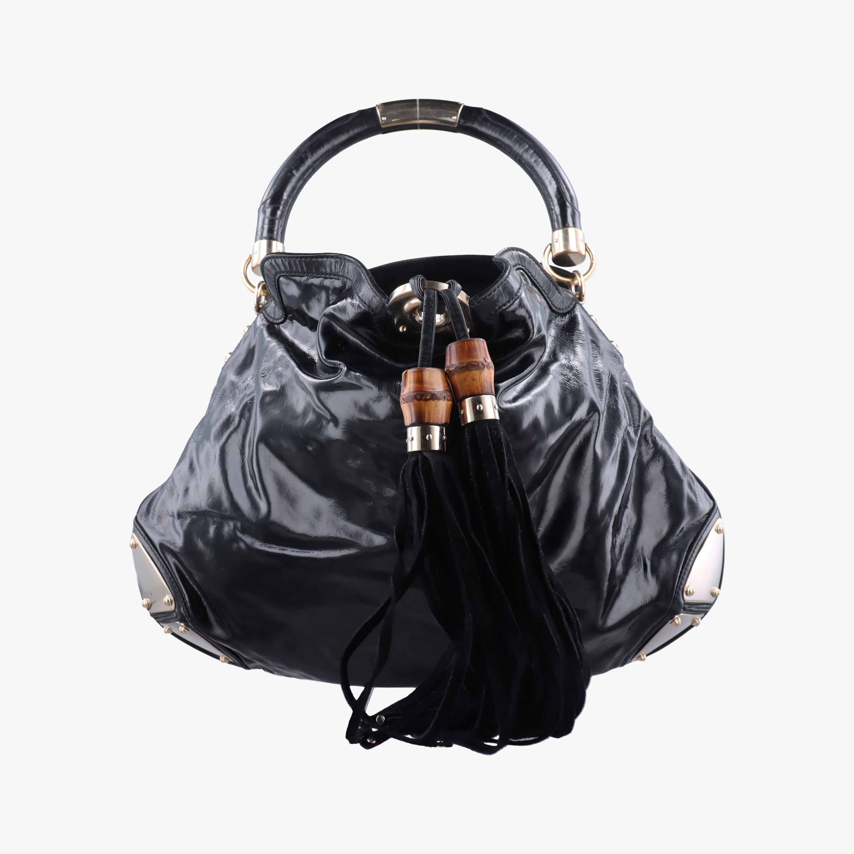 Pre-owned Gucci Bamboo Babouska Indy Hobo Black Patent 177088 handbag | stylenewstar